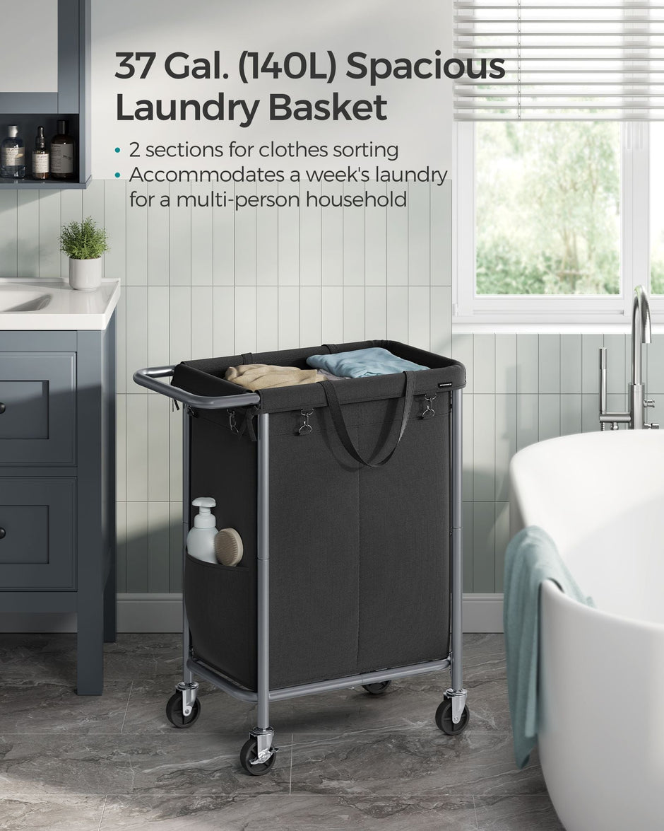 Laundry Basket – Steel – Ink Black – 2-Compartment with Removable Liner and Wheels