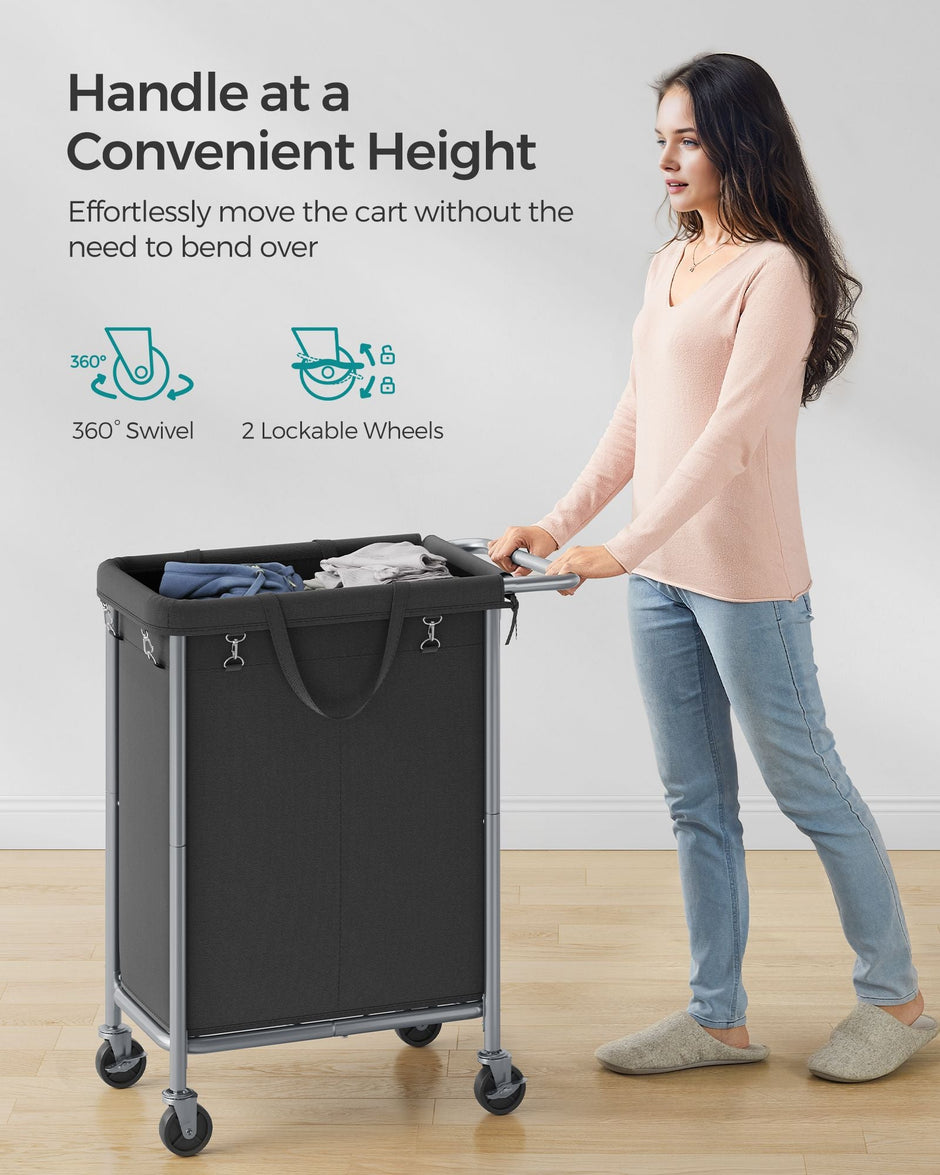 Laundry Basket – Steel – Ink Black – 2-Compartment with Removable Liner and Wheels