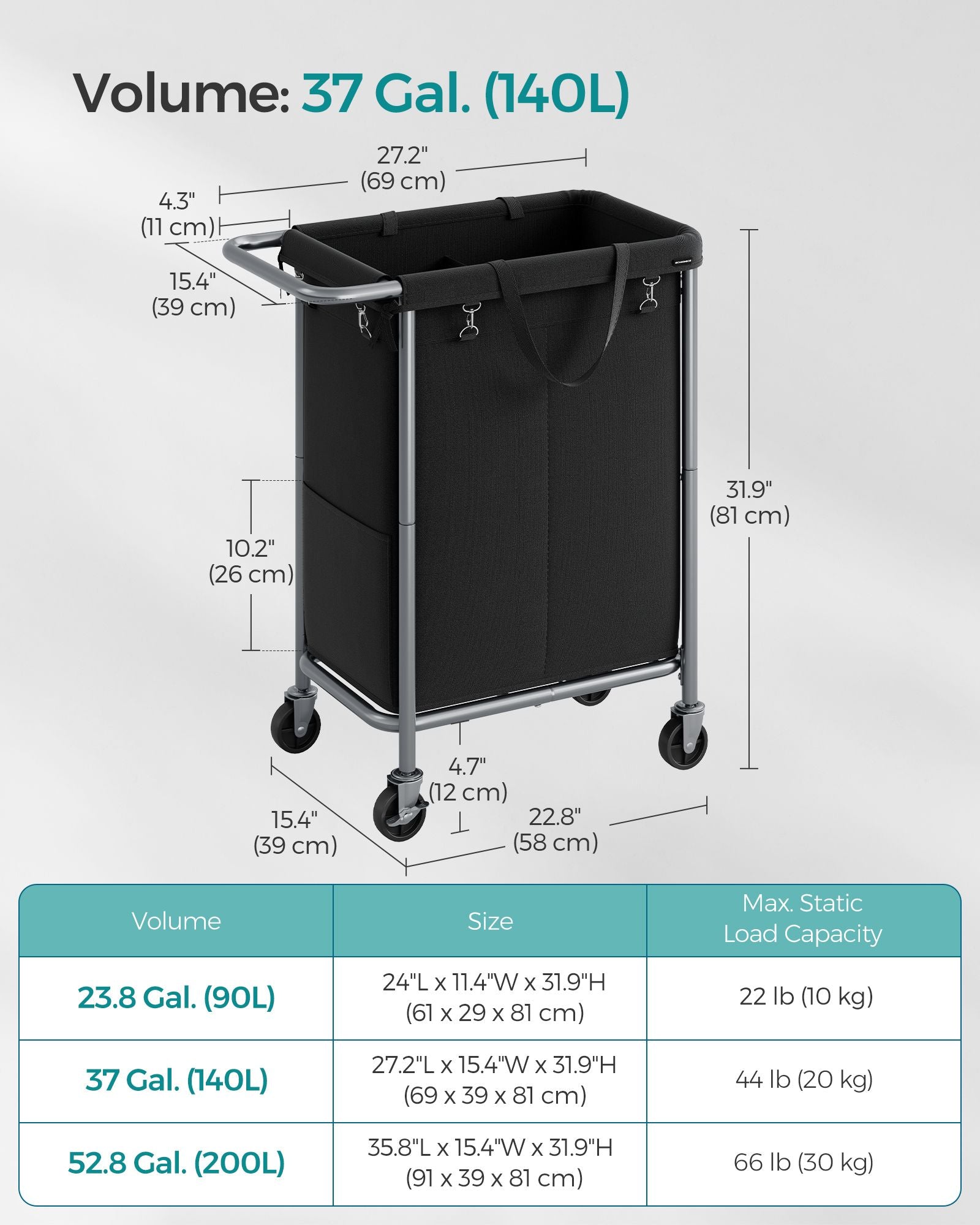 Laundry Basket – Steel – Ink Black – 2-Compartment with Removable Liner and Wheels