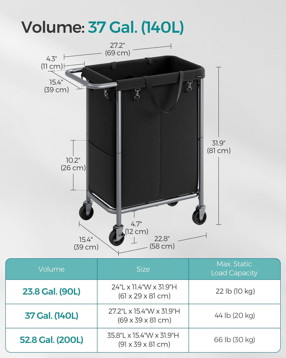 Laundry Basket – Steel – Ink Black – 2-Compartment with Removable Liner and Wheels