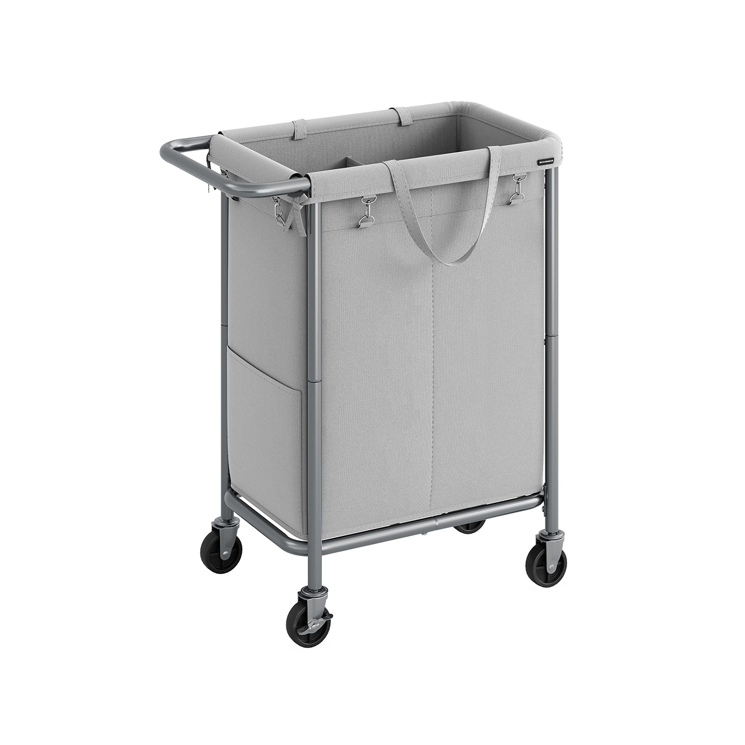 Laundry Basket – Steel Frame – Dove Grey – 2-Compartment with Removable Liner and Wheels
