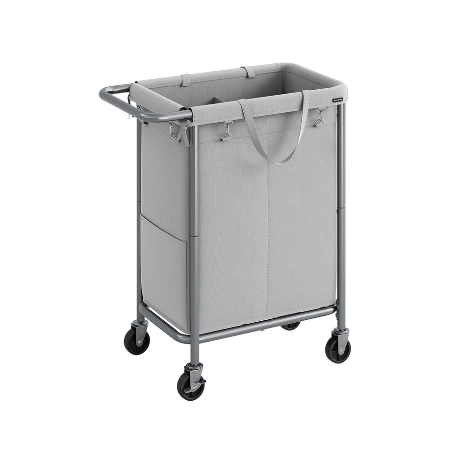Laundry Basket – Steel Frame – Dove Grey – 2-Compartment with Removable Liner and Wheels