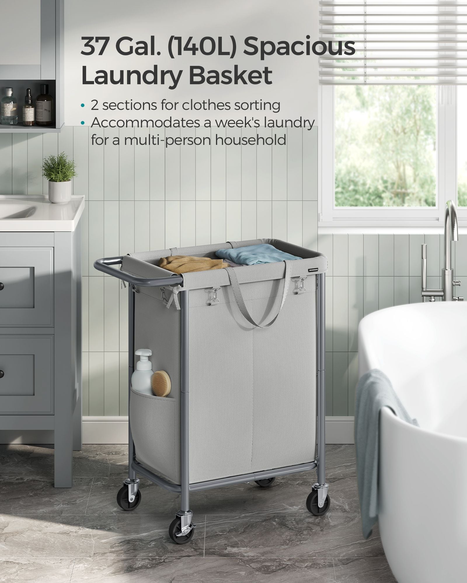 Laundry Basket – Steel Frame – Dove Grey – 2-Compartment with Removable Liner and Wheels