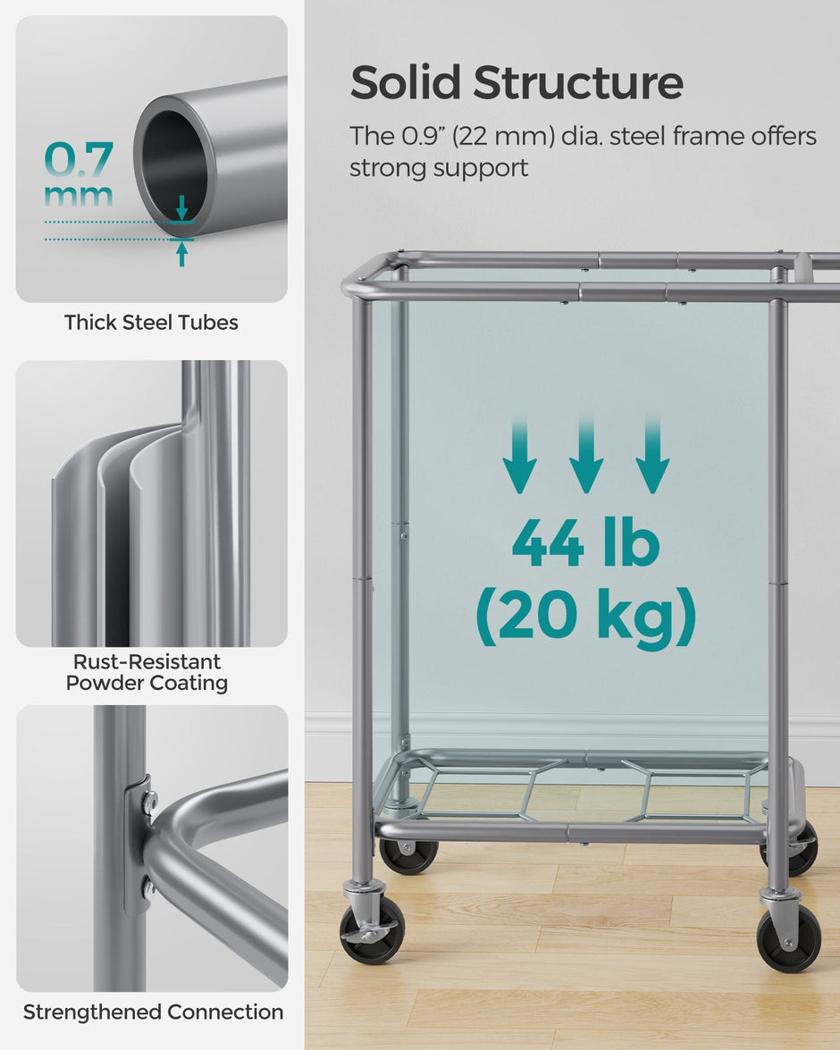 Laundry Basket – Steel Frame – Dove Grey – 2-Compartment with Removable Liner and Wheels