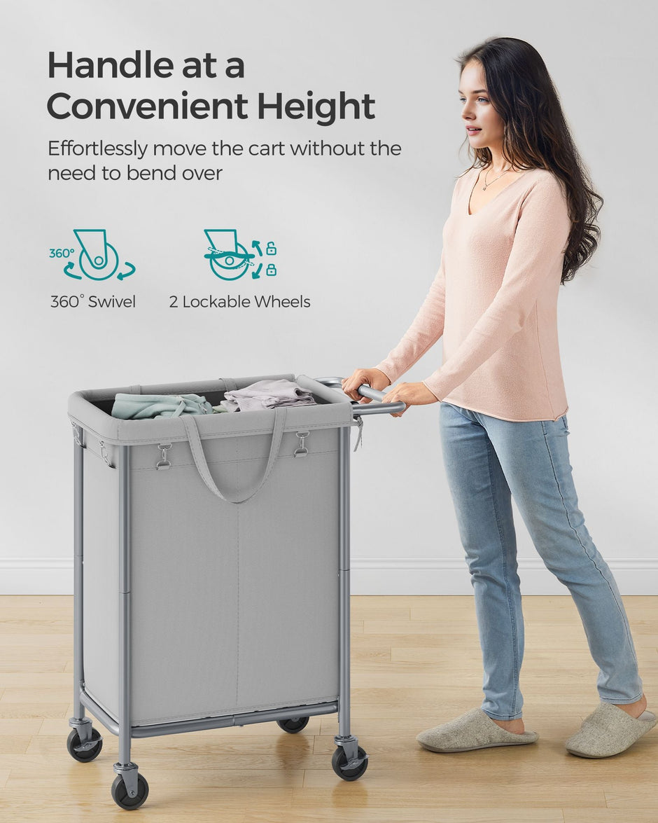 Laundry Basket – Steel Frame – Dove Grey – 2-Compartment with Removable Liner and Wheels