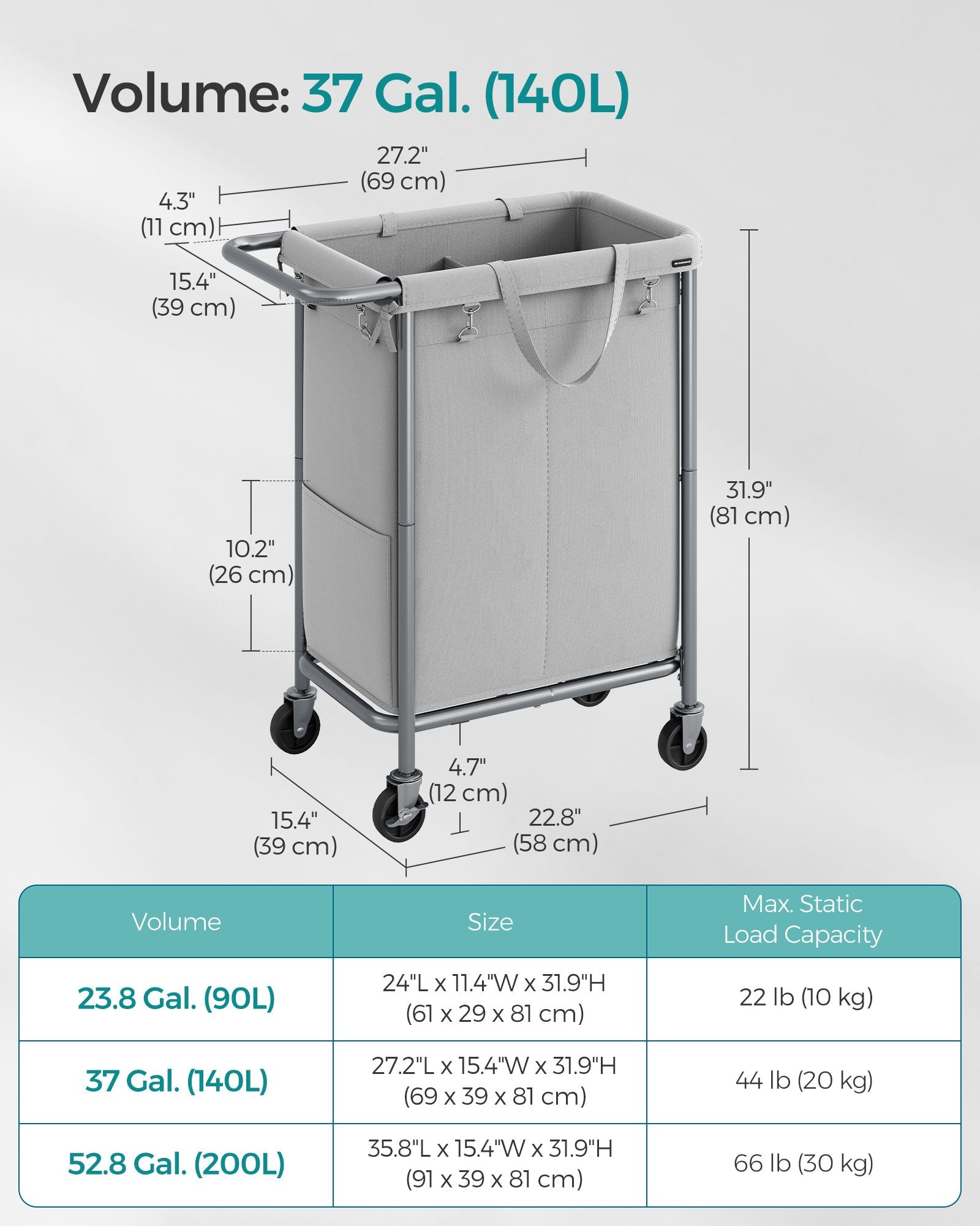 Laundry Basket – Steel Frame – Dove Grey – 2-Compartment with Removable Liner and Wheels