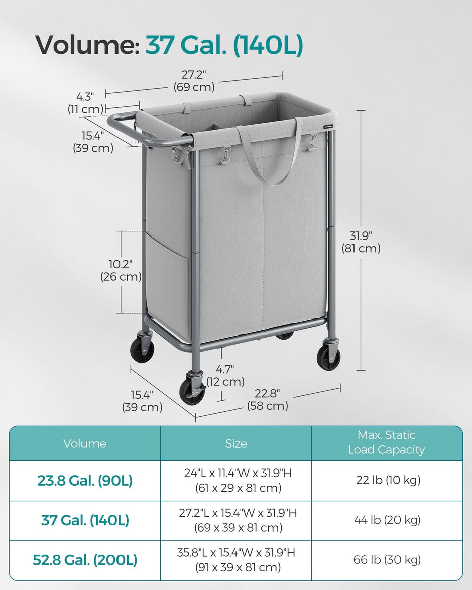 Laundry Basket – Steel Frame – Dove Grey – 2-Compartment with Removable Liner and Wheels