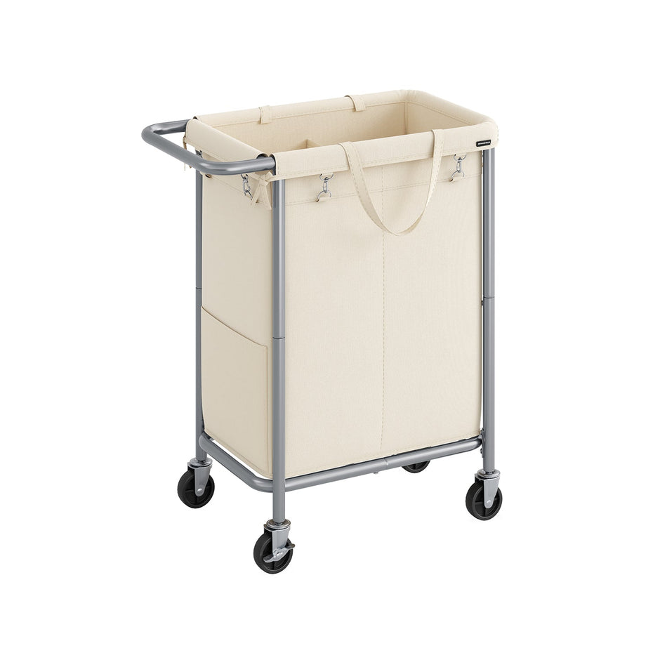 Laundry Basket – Steel – Cream White – 2-Compartment with Removable Liner and Wheels
