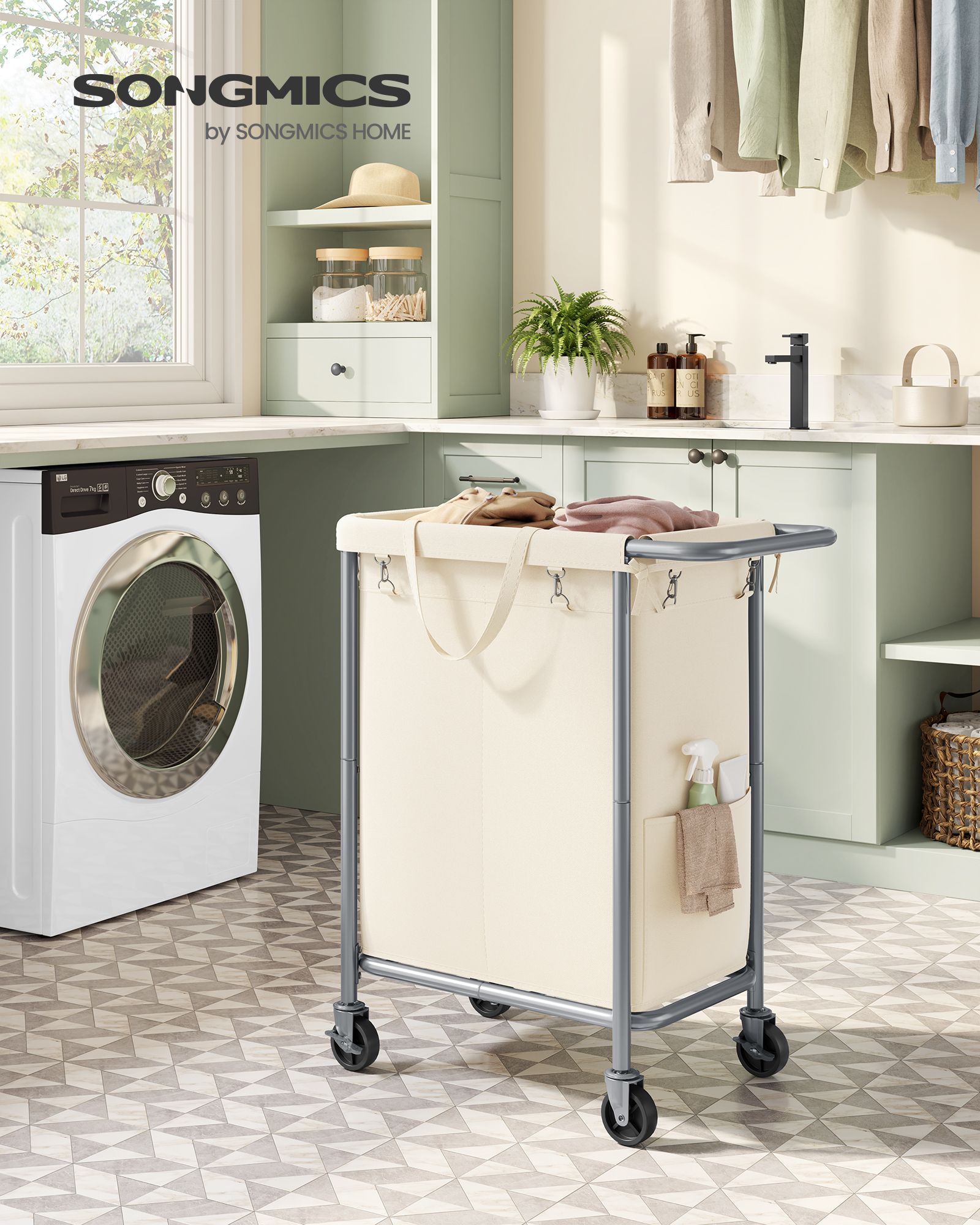 Laundry Basket – Steel – Cream White – 2-Compartment with Removable Liner and Wheels