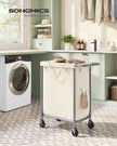 Laundry Basket – Steel – Cream White – 2-Compartment with Removable Liner and Wheels