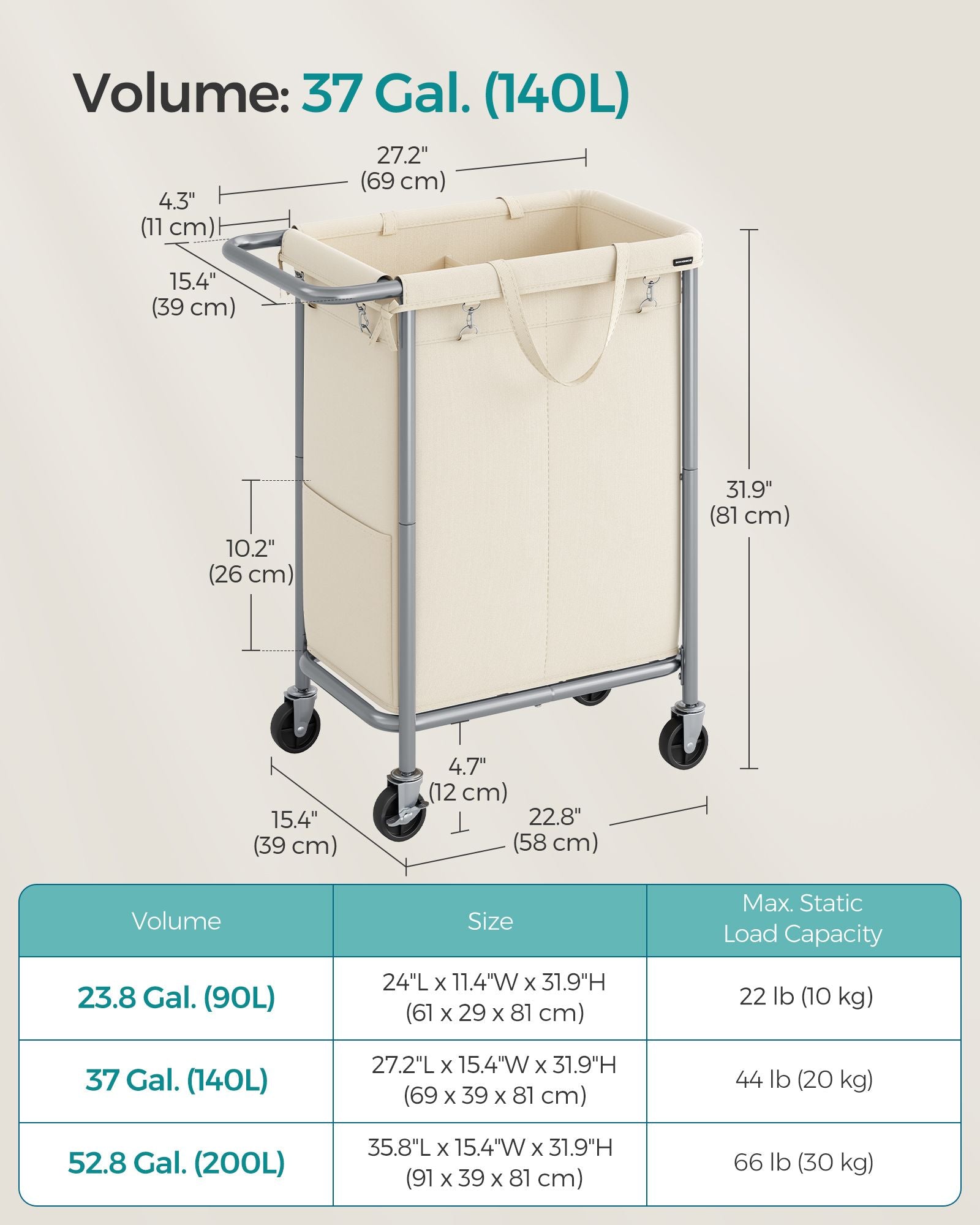 Laundry Basket – Steel – Cream White – 2-Compartment with Removable Liner and Wheels