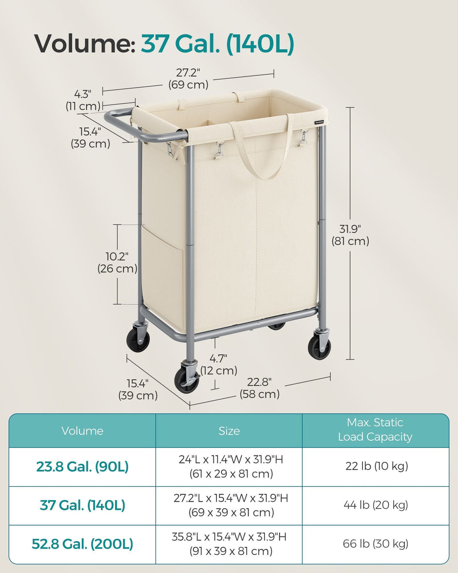 Laundry Basket – Steel – Cream White – 2-Compartment with Removable Liner and Wheels