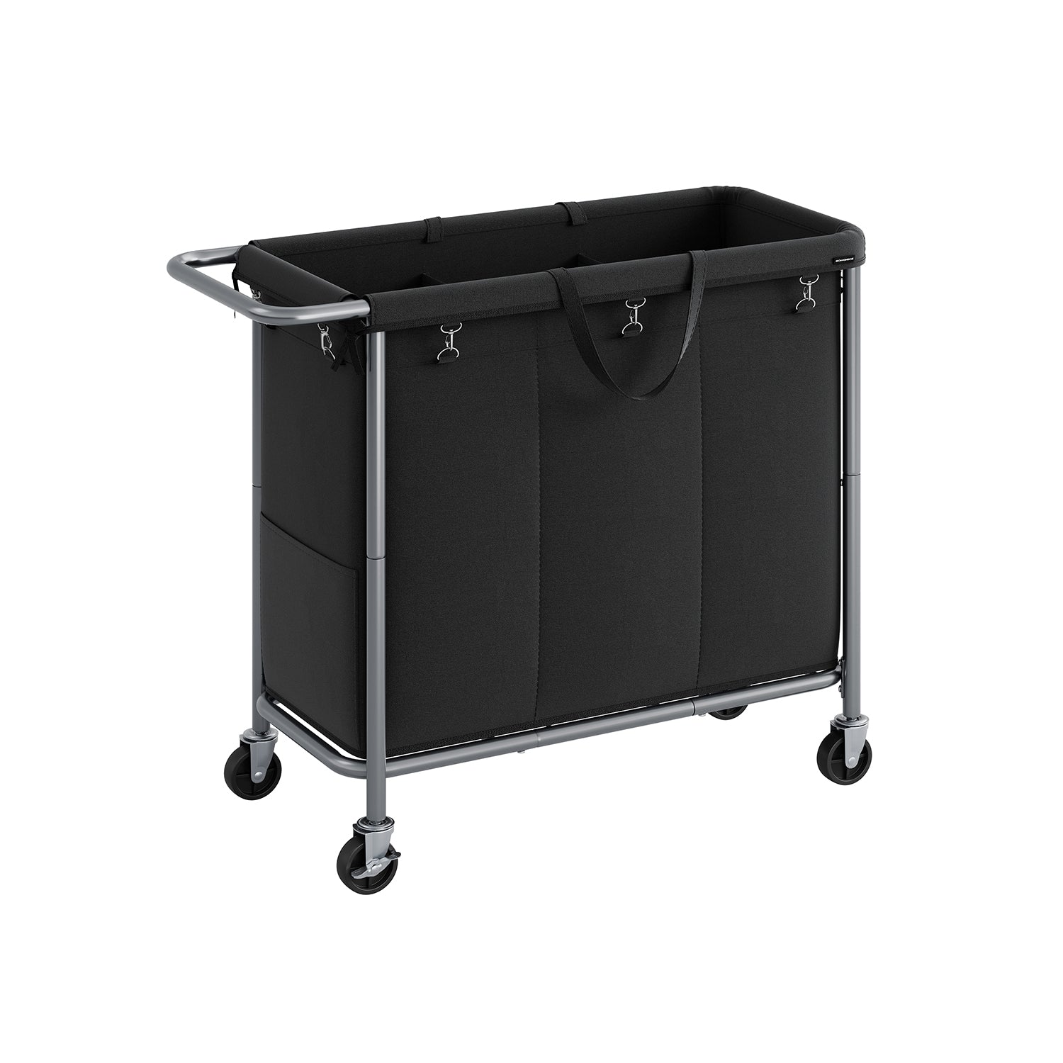 Laundry Basket – Steel Frame – Ink Black – 3-Compartment with Wheels and Removable Liner