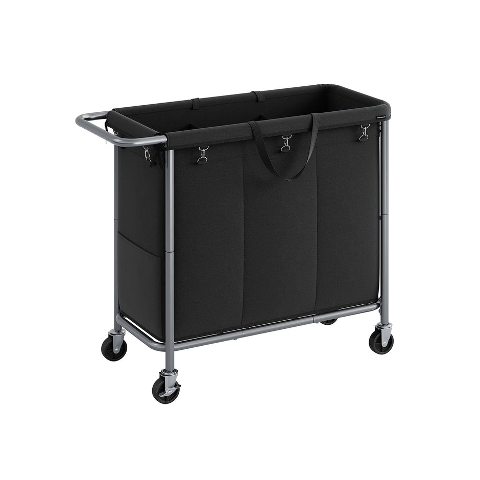 Laundry Basket – Steel Frame – Ink Black – 3-Compartment with Wheels and Removable Liner