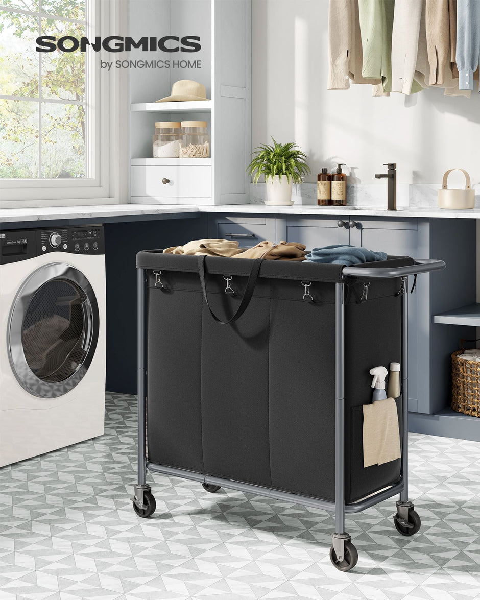 Laundry Basket – Steel Frame – Ink Black – 3-Compartment with Wheels and Removable Liner