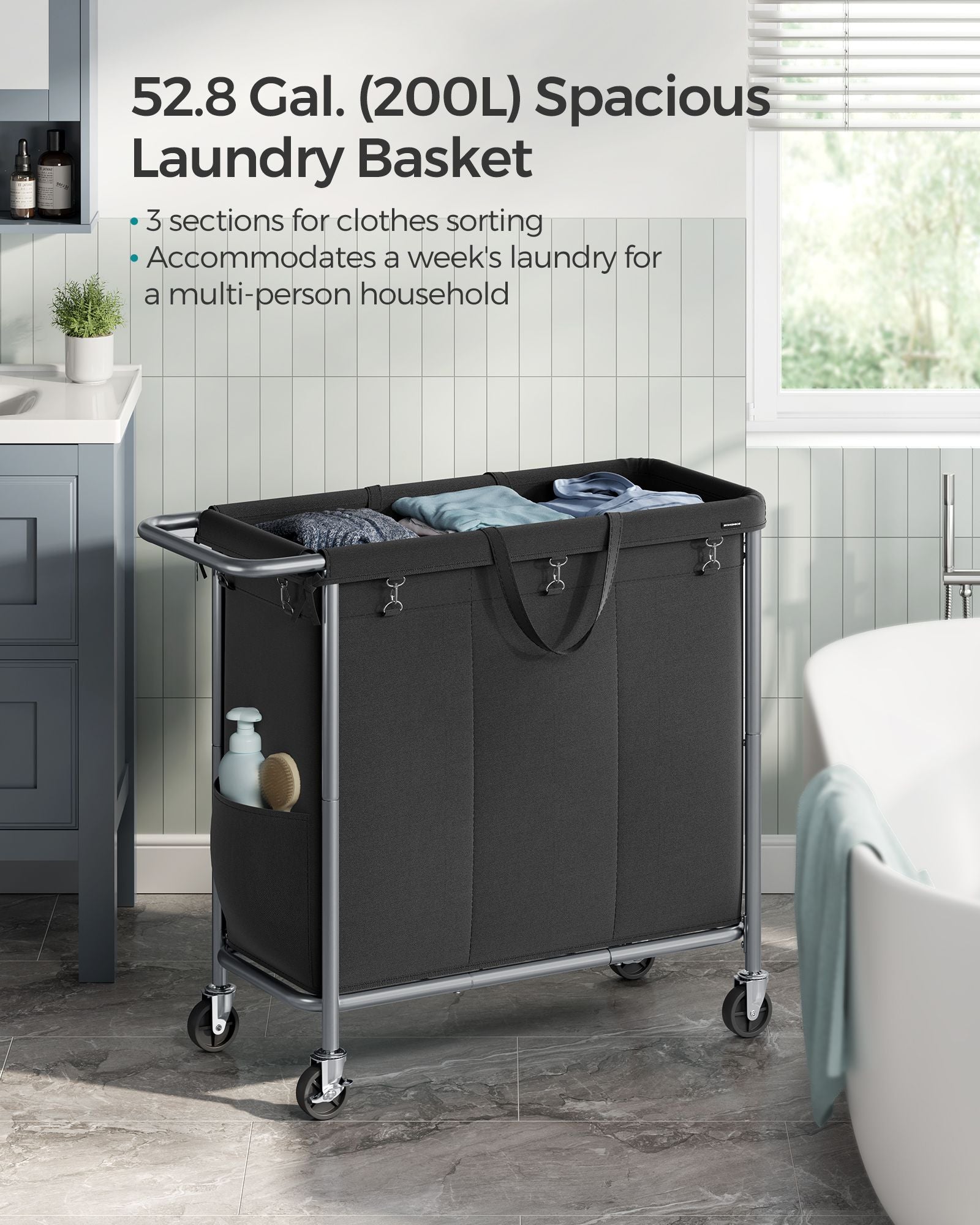 Laundry Basket – Steel Frame – Ink Black – 3-Compartment with Wheels and Removable Liner