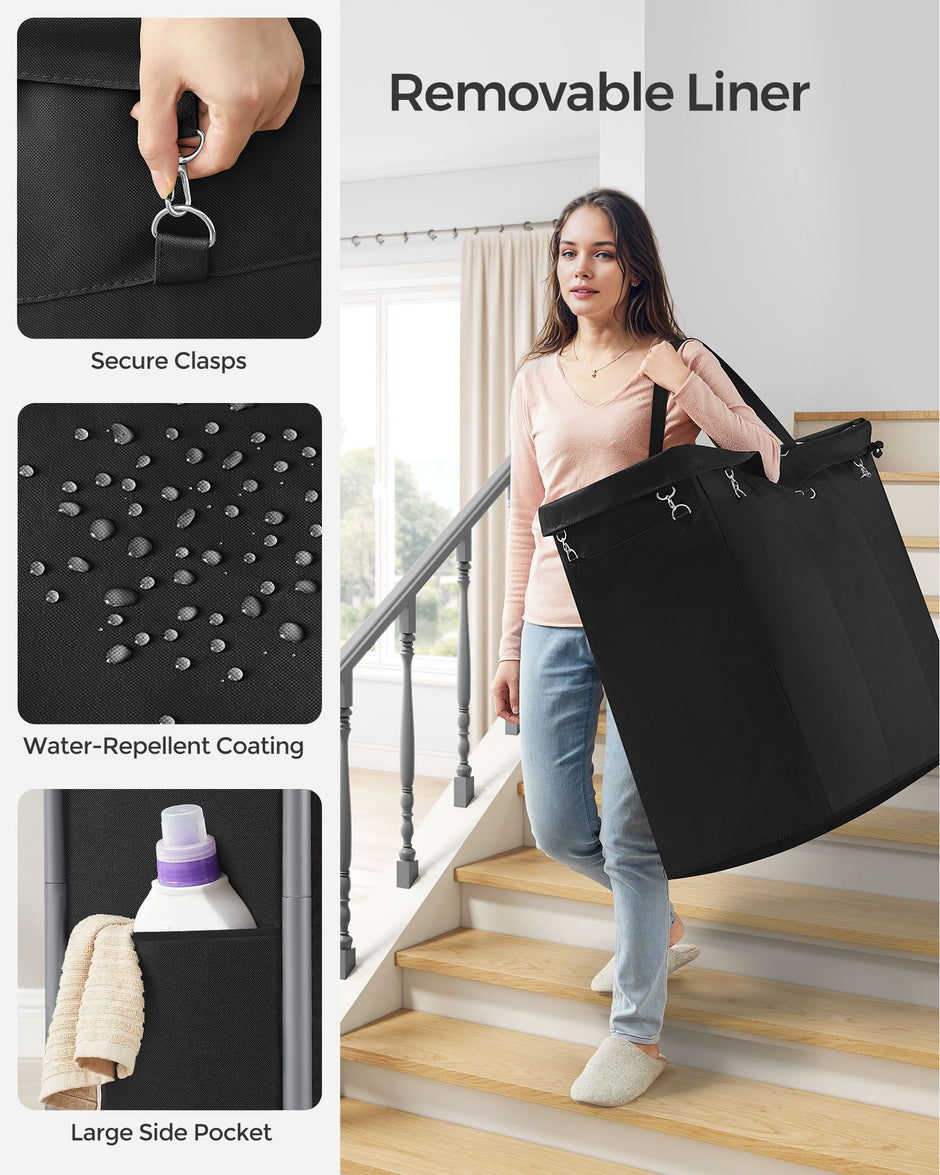 Laundry Basket – Steel Frame – Ink Black – 3-Compartment with Wheels and Removable Liner