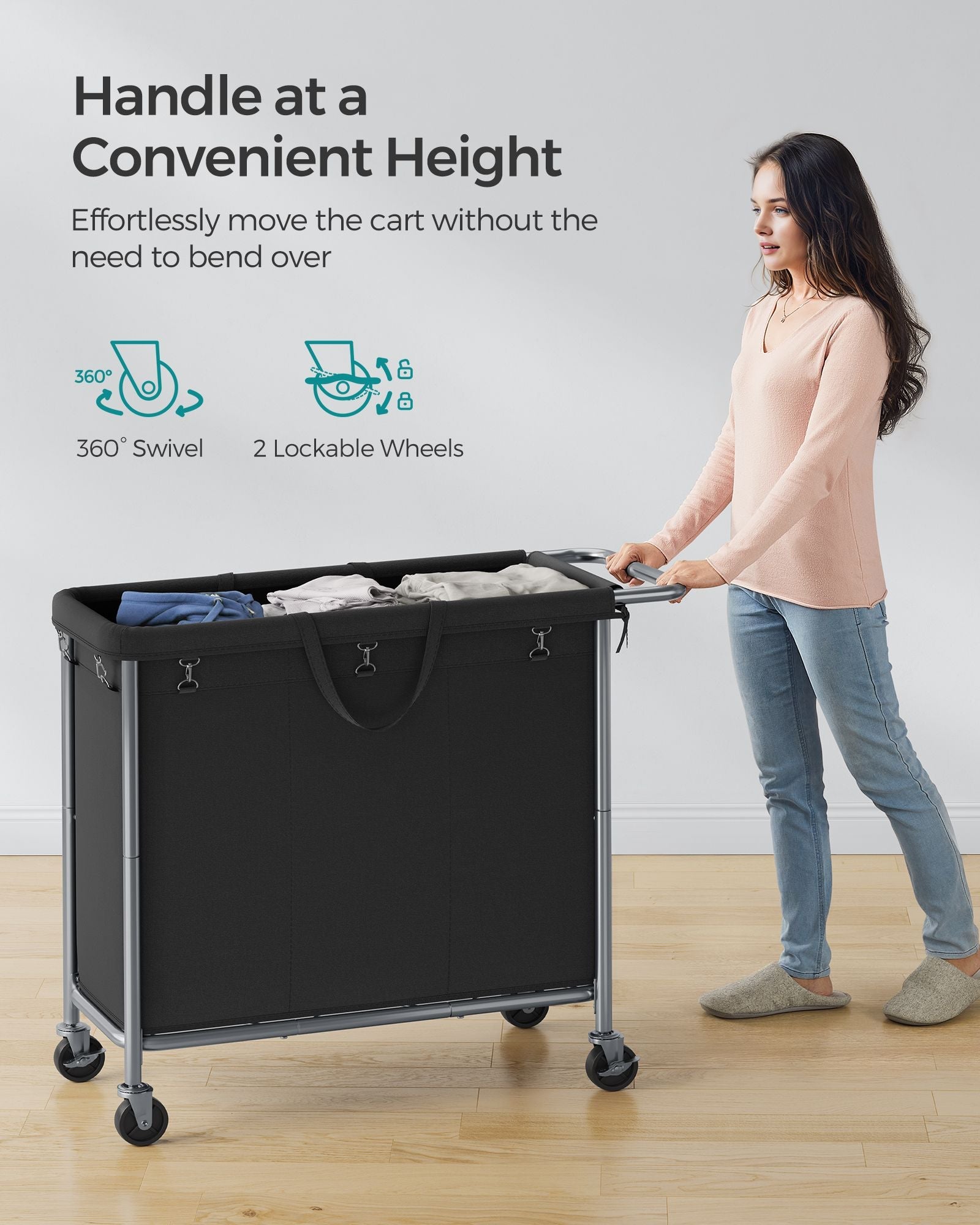 Laundry Basket – Steel Frame – Ink Black – 3-Compartment with Wheels and Removable Liner