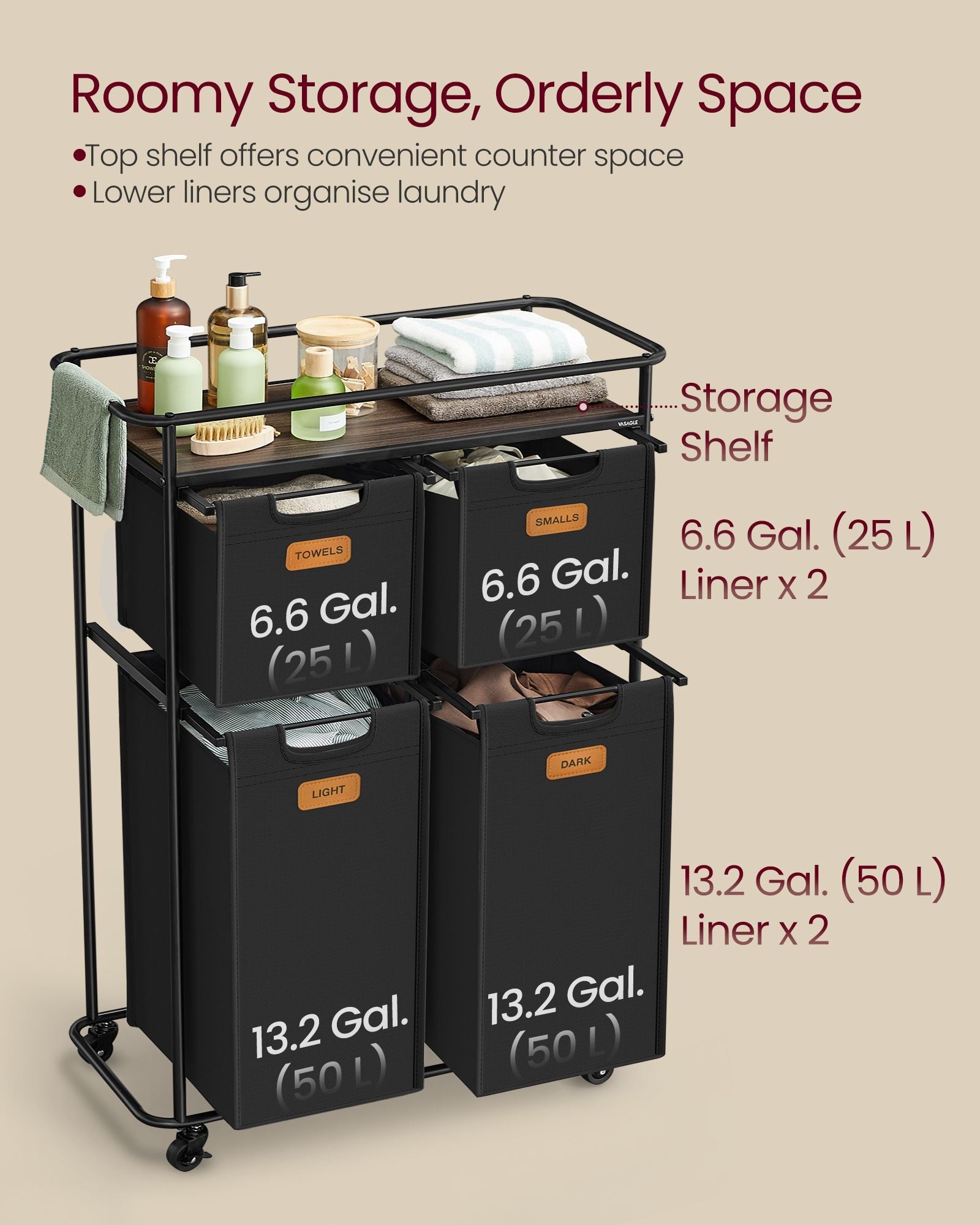 Rolling Laundry Hamper – Fabric – Ink Black and Chestnut Brown – 150 L with Wheels and Removable Liners