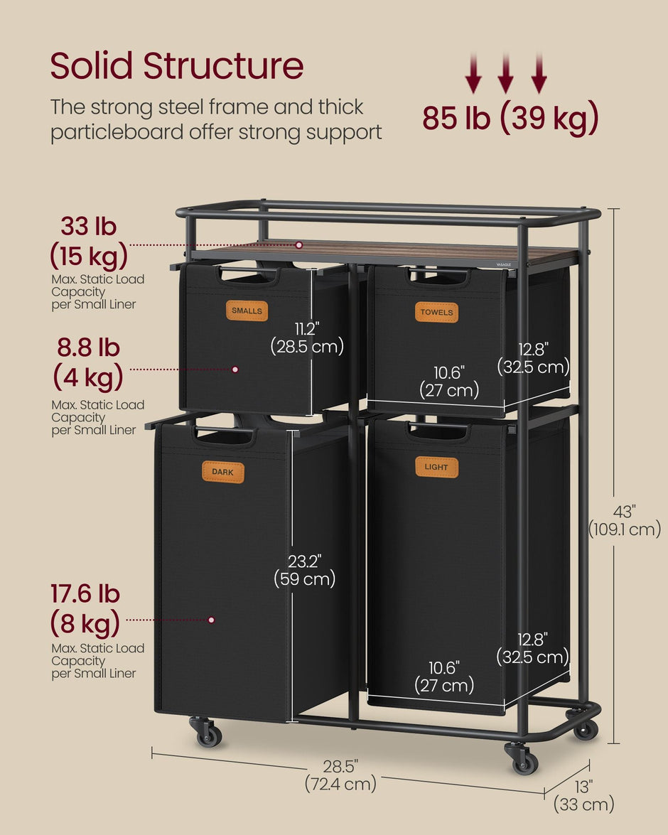 Rolling Laundry Hamper – Fabric – Ink Black and Chestnut Brown – 150 L with Wheels and Removable Liners