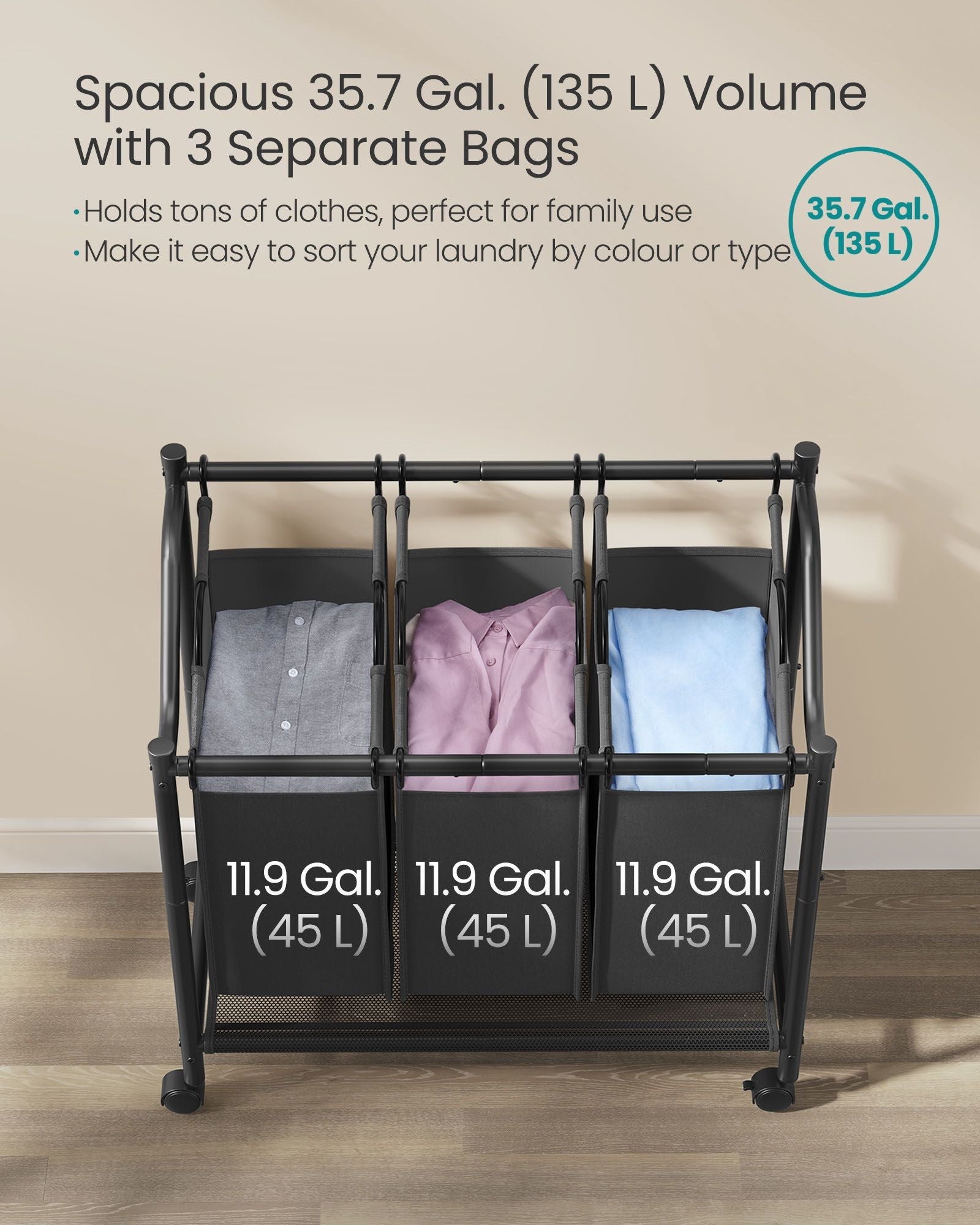 Rolling Laundry Sorter – Fabric – Ink Black – 3 Removable Bags