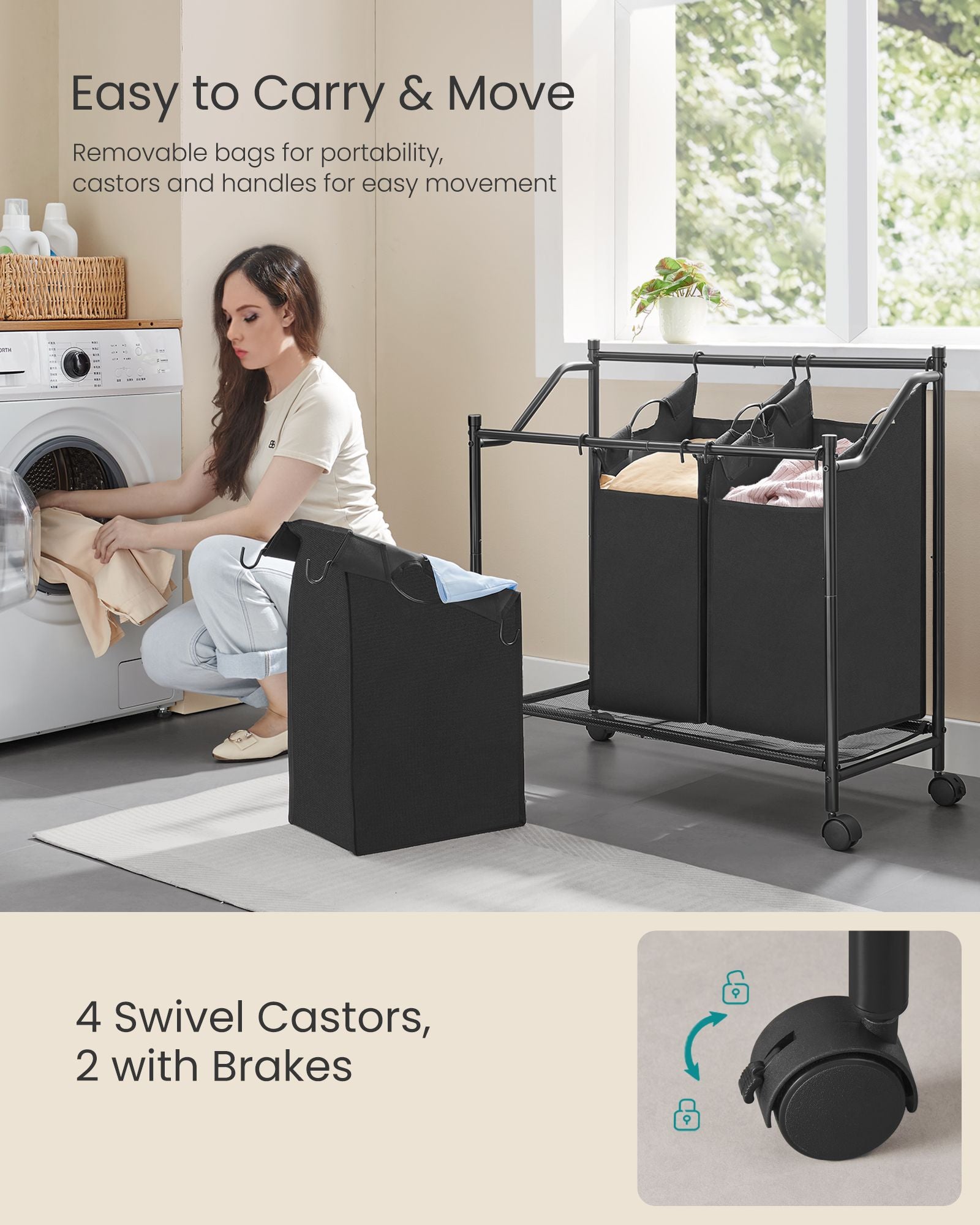 Rolling Laundry Sorter – Fabric – Ink Black – 3 Removable Bags