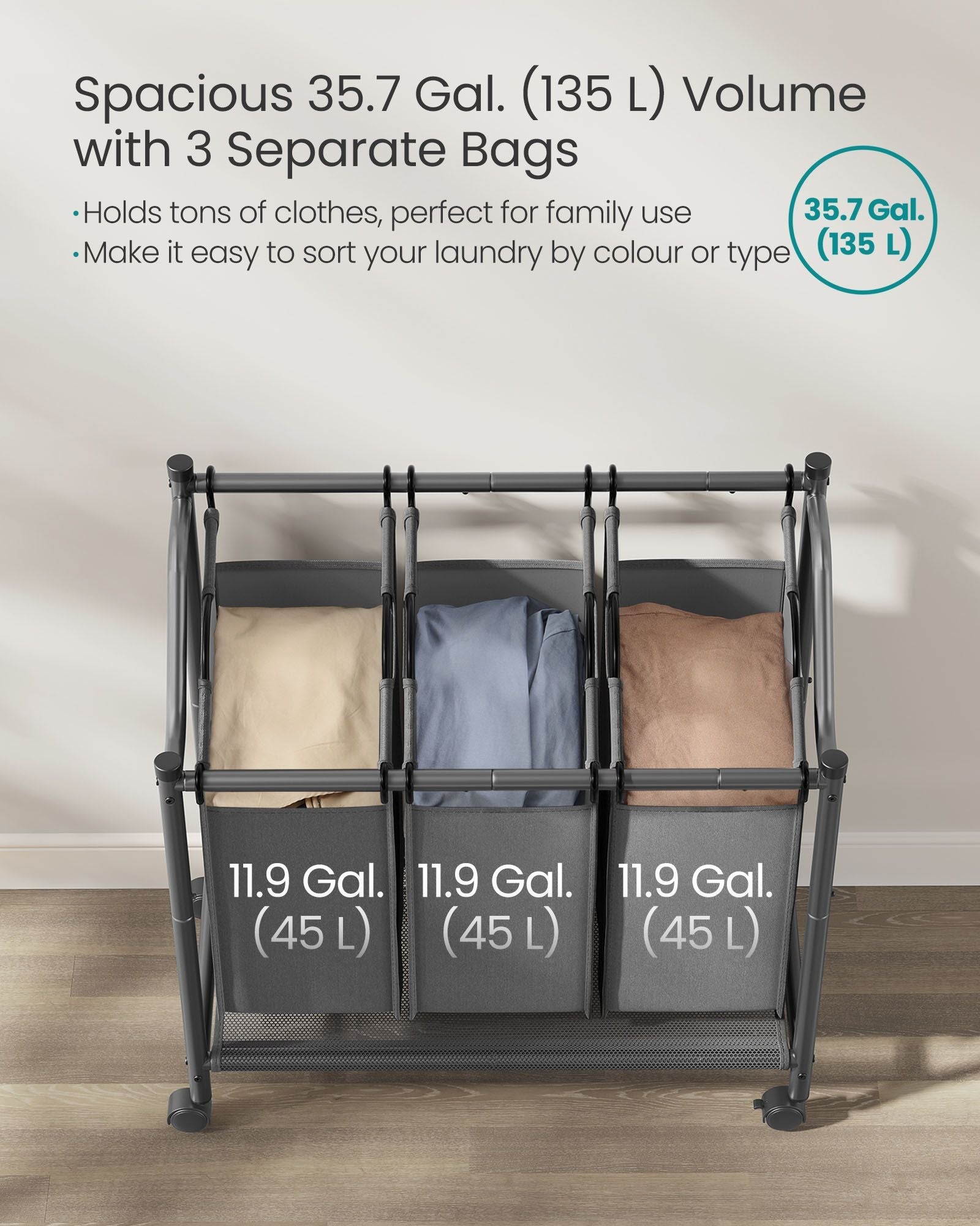 Rolling Laundry Sorter – Fabric – Slate Grey – 3 Removable Bags