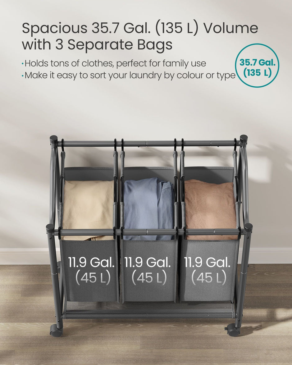 Rolling Laundry Sorter – Fabric – Slate Grey – 3 Removable Bags