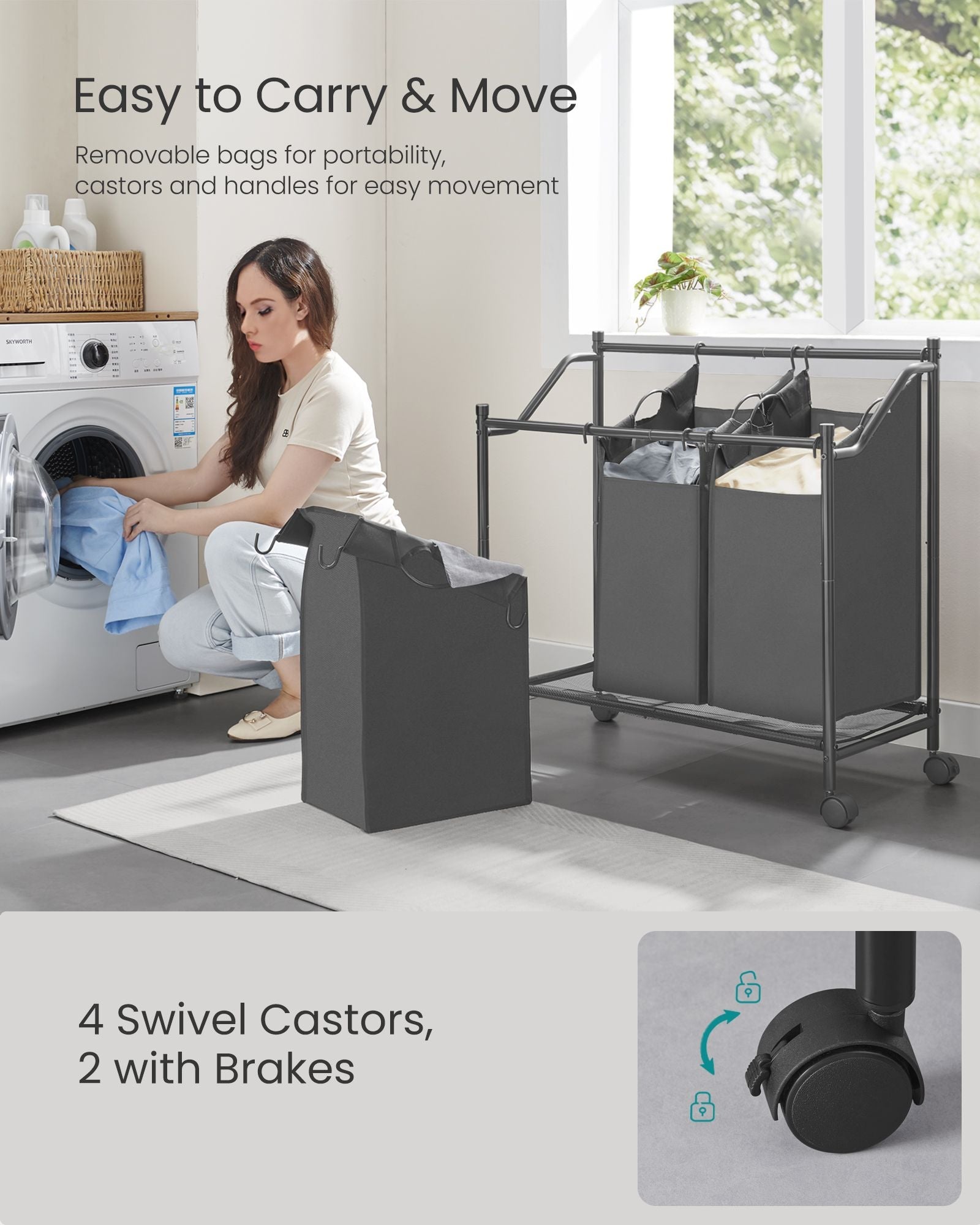 Rolling Laundry Sorter – Fabric – Slate Grey – 3 Removable Bags