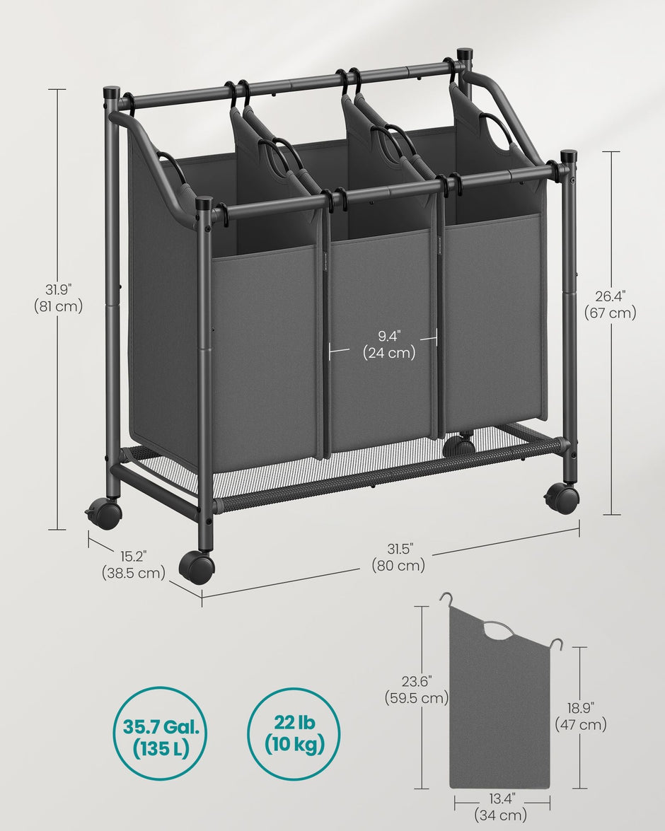 Rolling Laundry Sorter – Fabric – Slate Grey – 3 Removable Bags