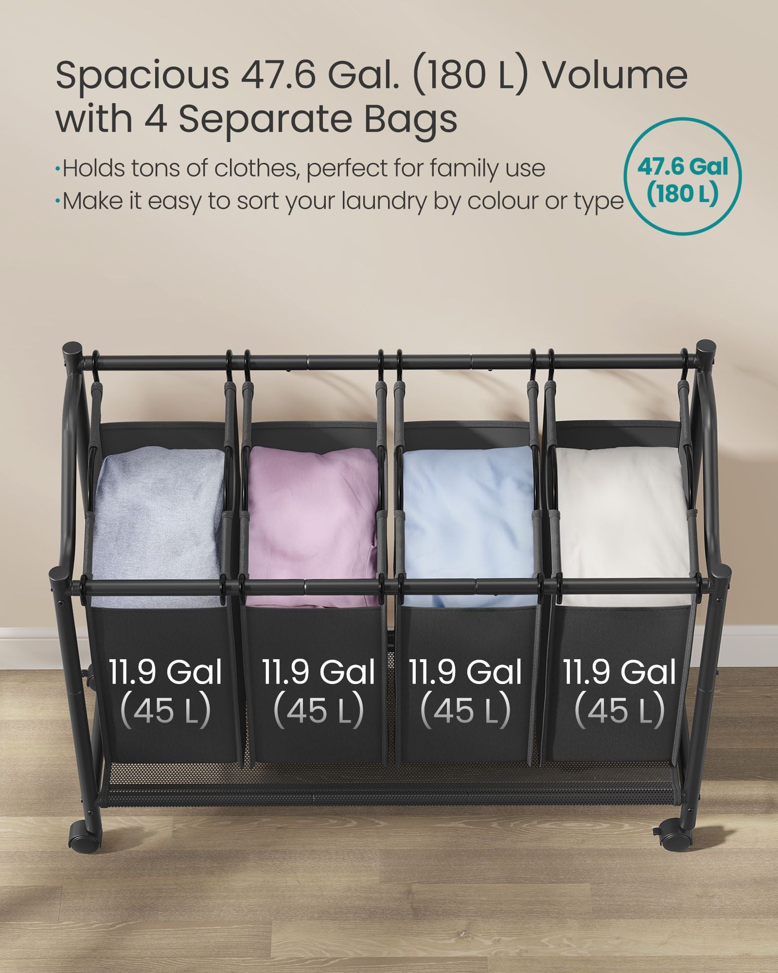 Rolling Laundry Sorter – Fabric – Ink Black – 4 Removable Bags