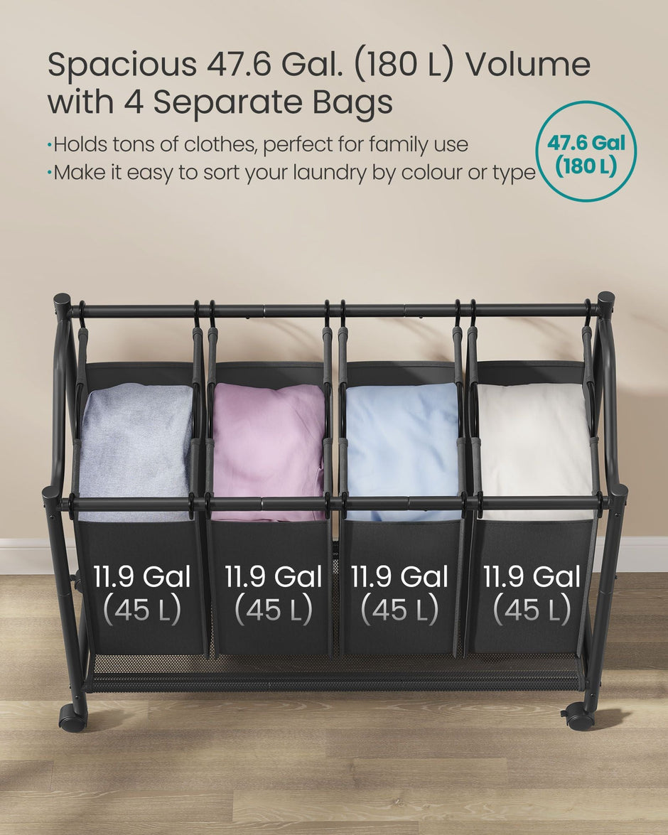 Rolling Laundry Sorter – Fabric – Ink Black – 4 Removable Bags