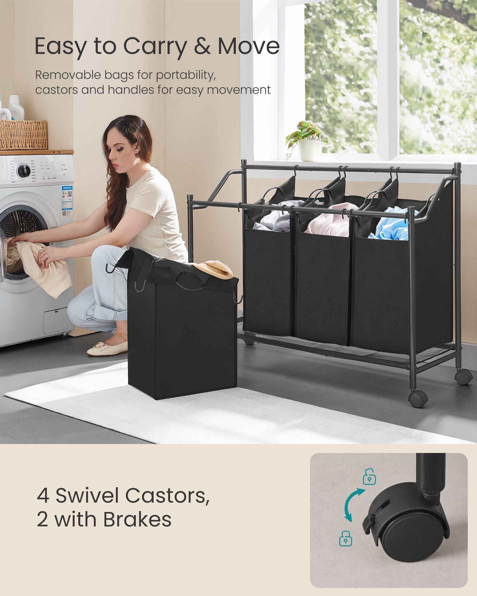 Rolling Laundry Sorter – Fabric – Ink Black – 4 Removable Bags