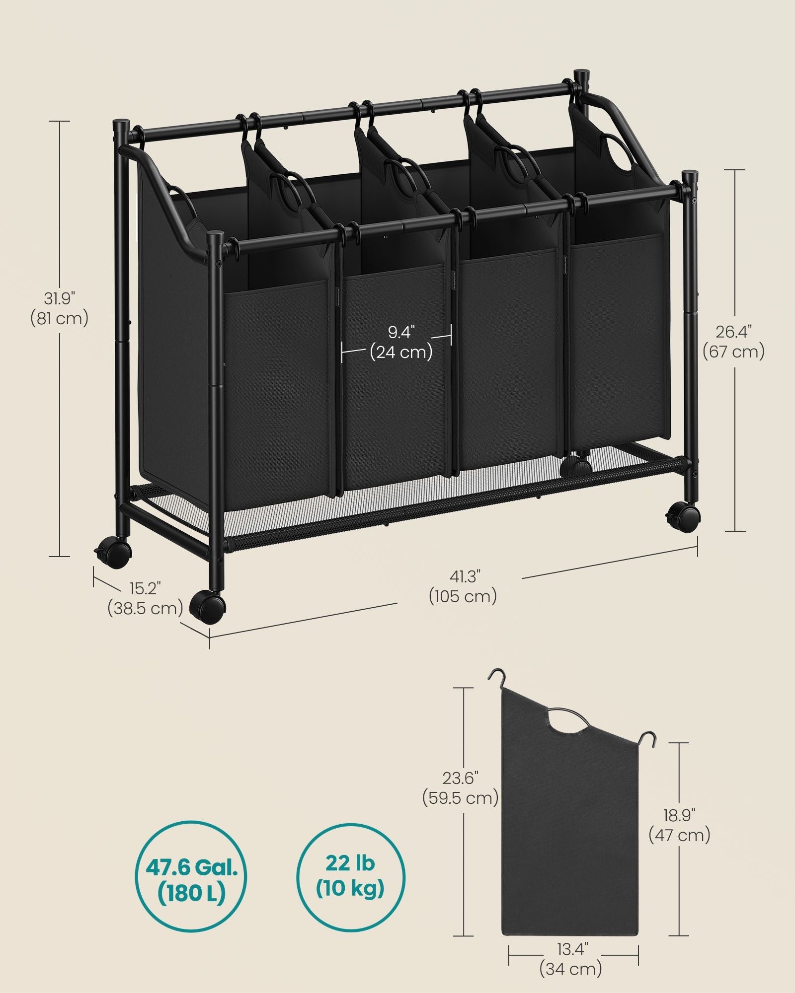 Rolling Laundry Sorter – Fabric – Ink Black – 4 Removable Bags