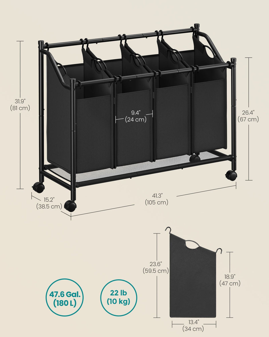 Rolling Laundry Sorter – Fabric – Ink Black – 4 Removable Bags