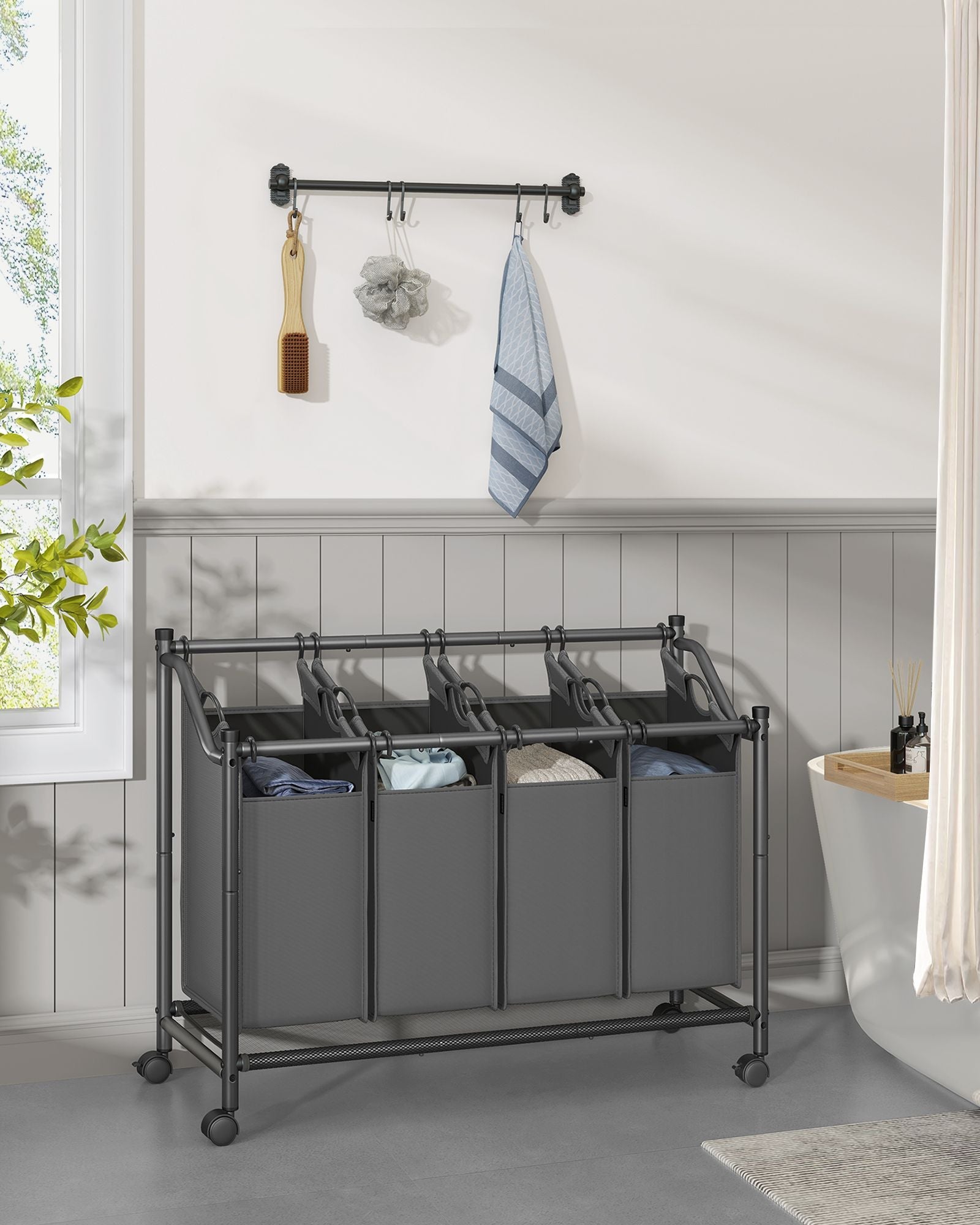 Rolling Laundry Sorter – Fabric – Slate Grey – 4 Removable Bags, Sturdy Design