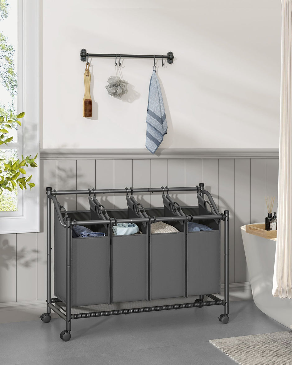 Rolling Laundry Sorter – Fabric – Slate Grey – 4 Removable Bags, Sturdy Design