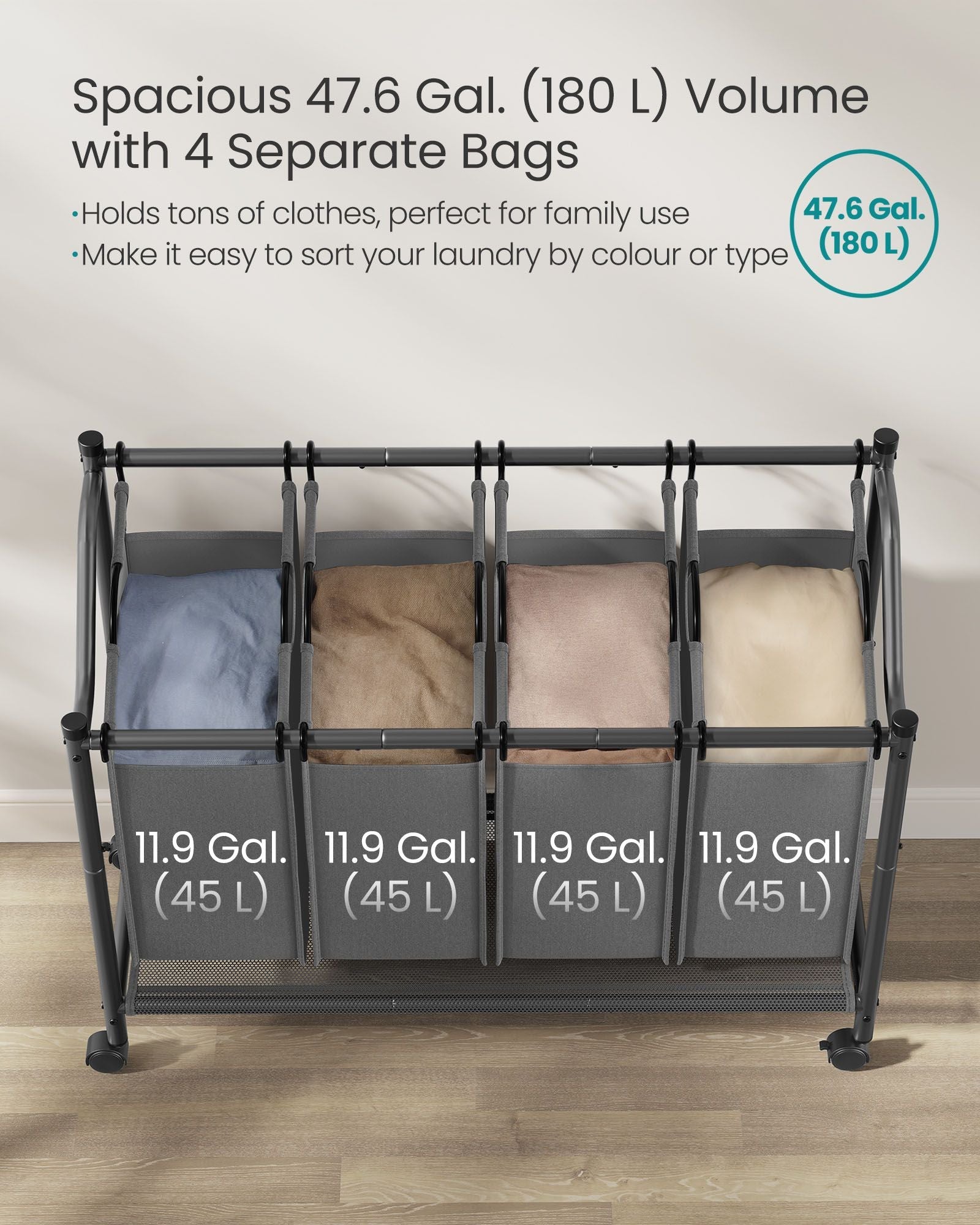 Rolling Laundry Sorter – Fabric – Slate Grey – 4 Removable Bags, Sturdy Design