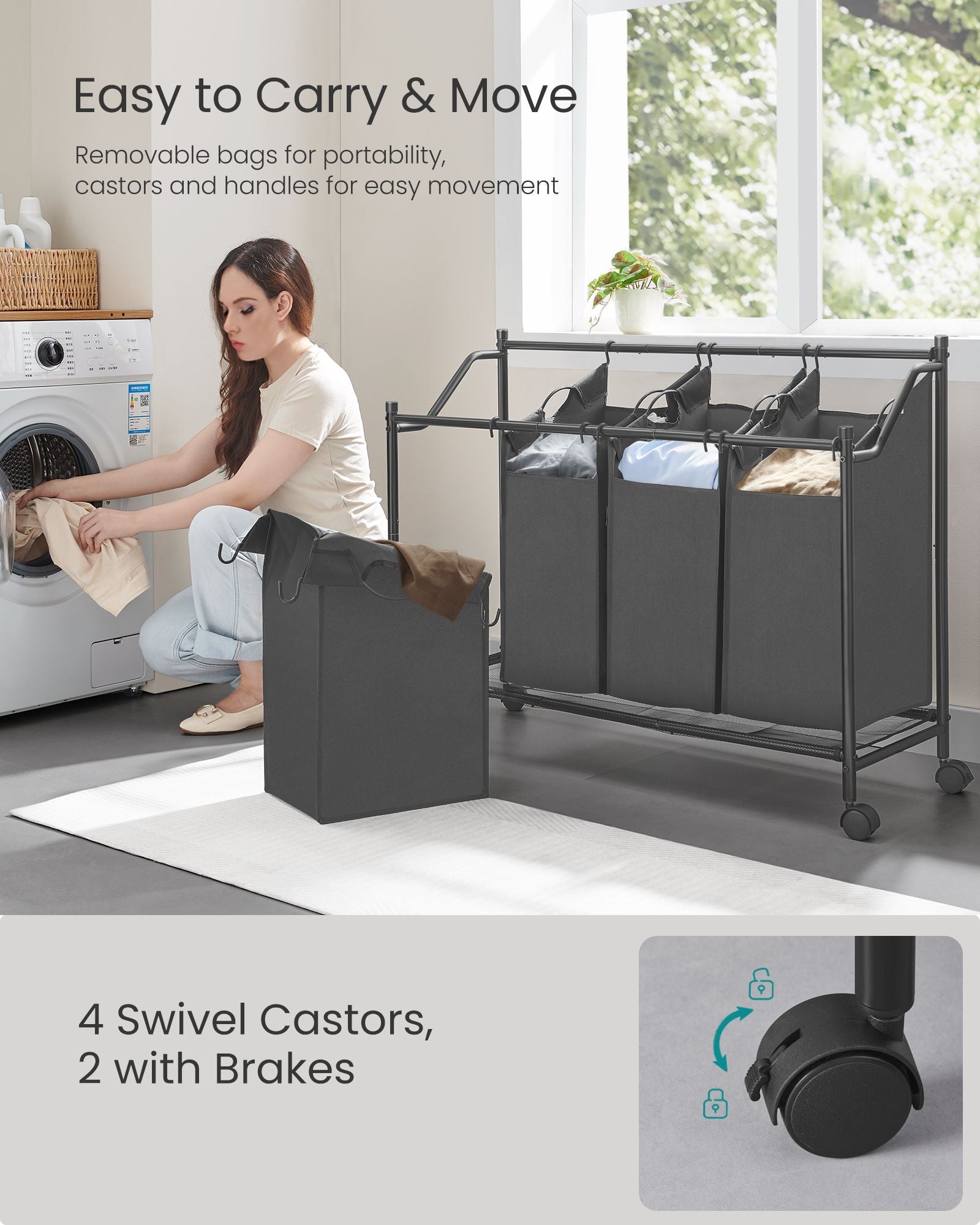Rolling Laundry Sorter – Fabric – Slate Grey – 4 Removable Bags, Sturdy Design