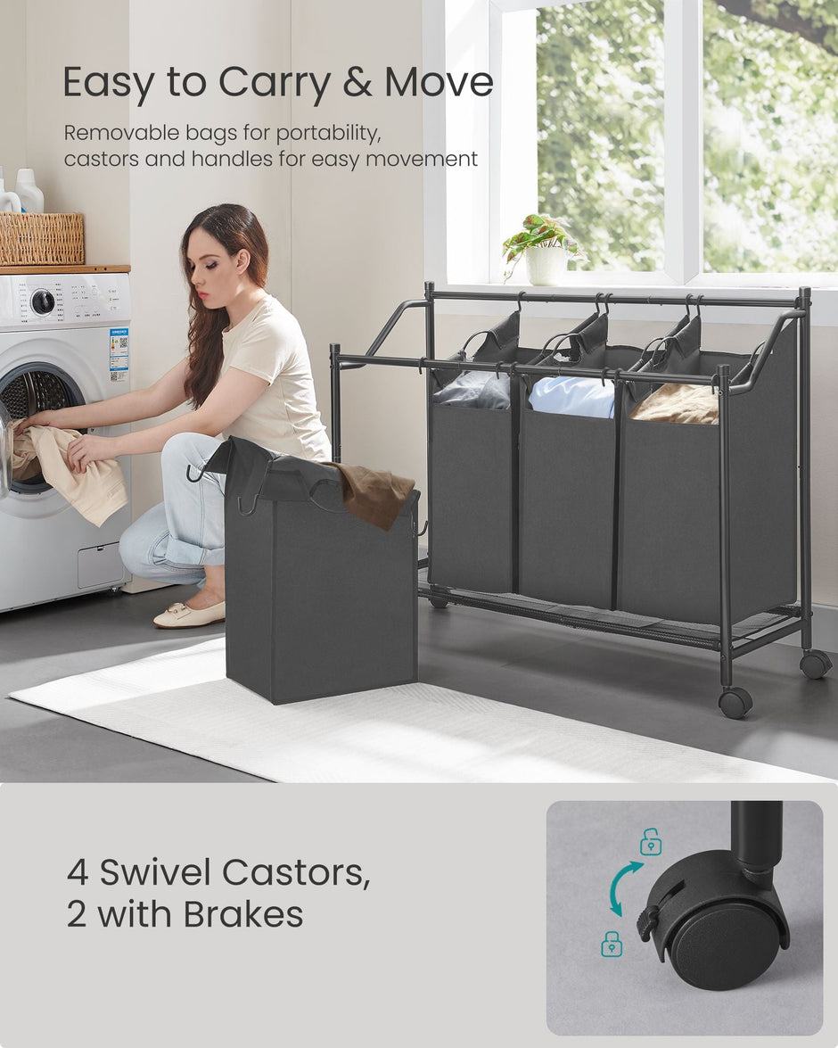 Rolling Laundry Sorter – Fabric – Slate Grey – 4 Removable Bags, Sturdy Design