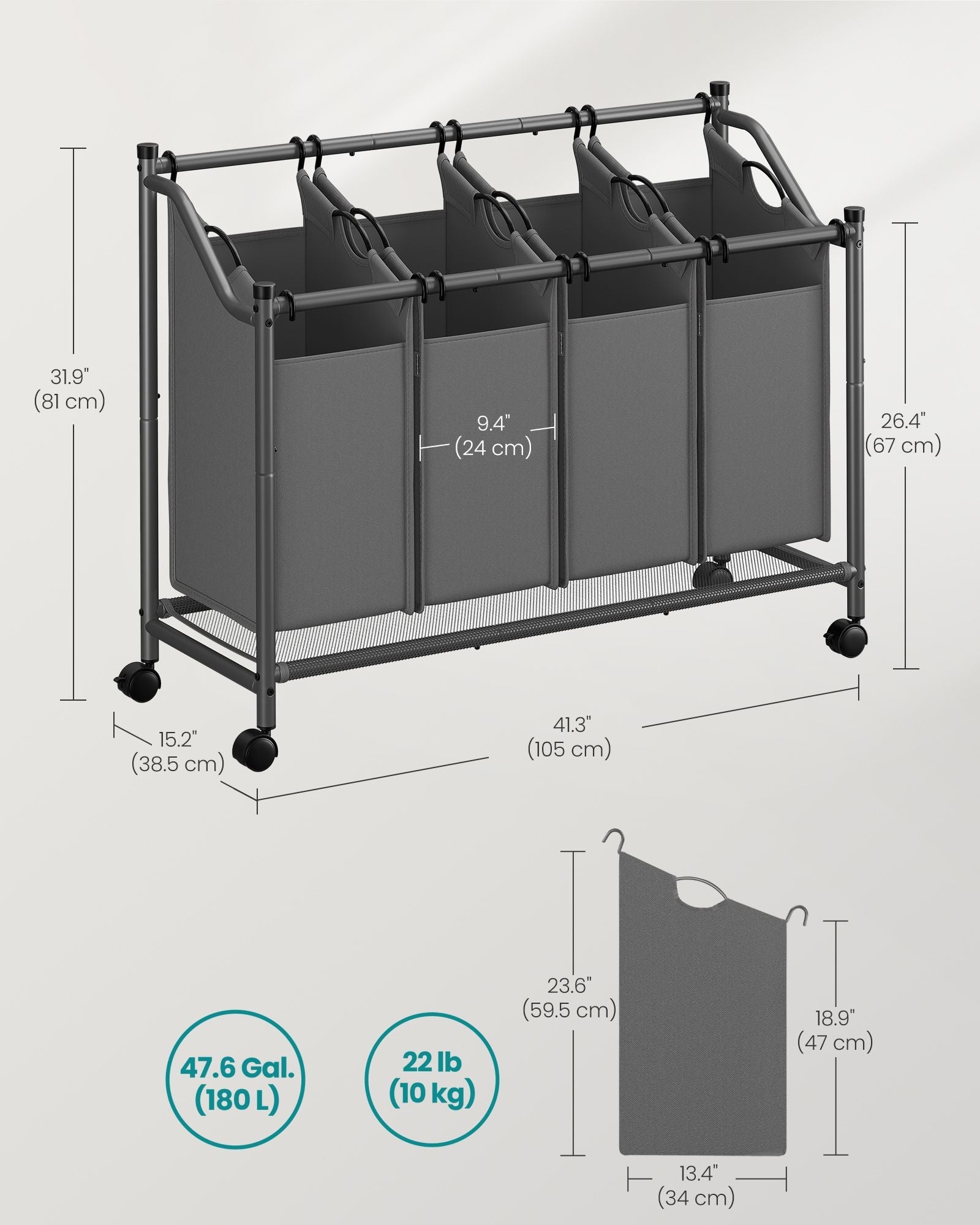 Rolling Laundry Sorter – Fabric – Slate Grey – 4 Removable Bags, Sturdy Design