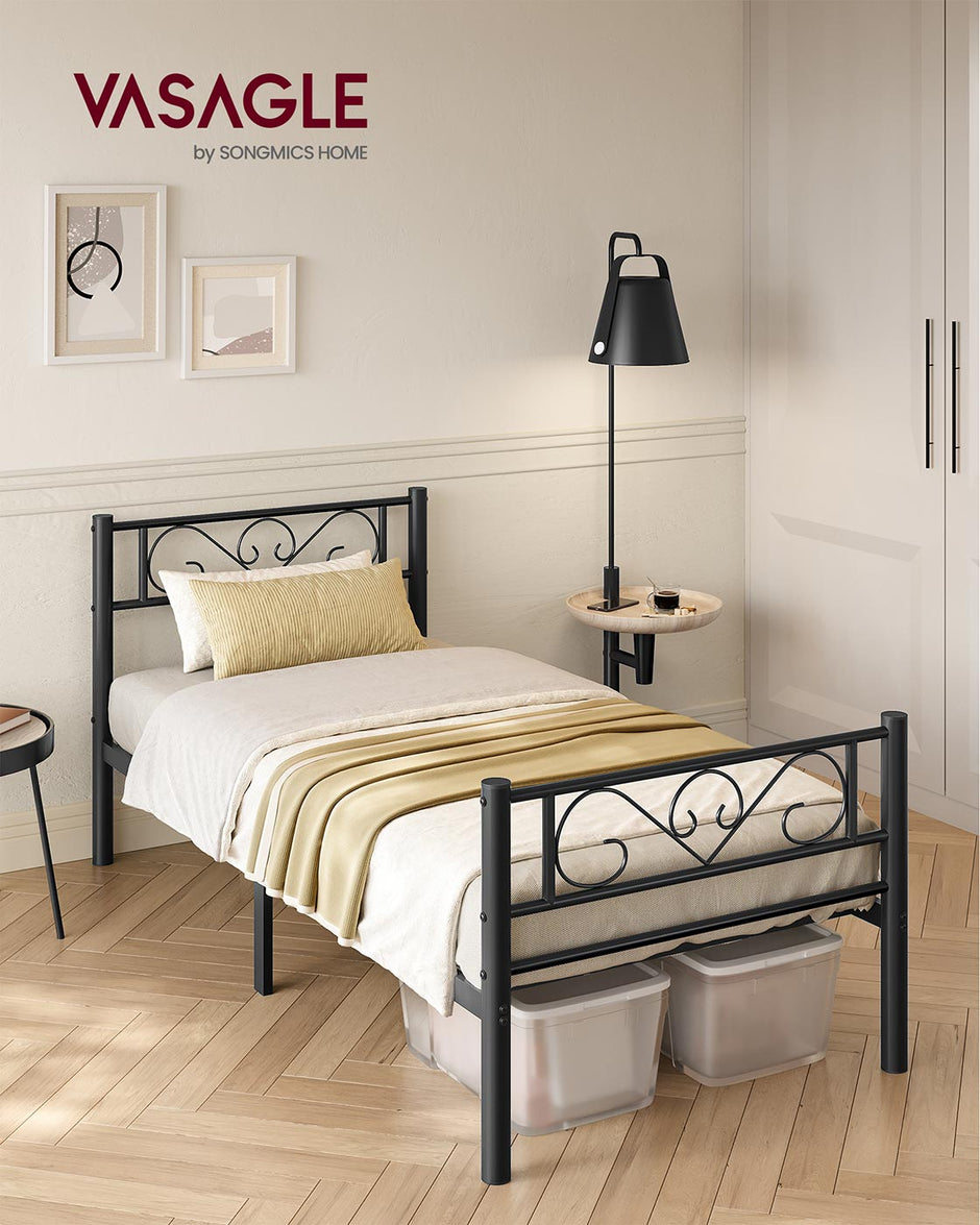Single Metal Bed Frame – Metal – Black – No Box Spring Needed, Fits 90 x 190 cm Mattress