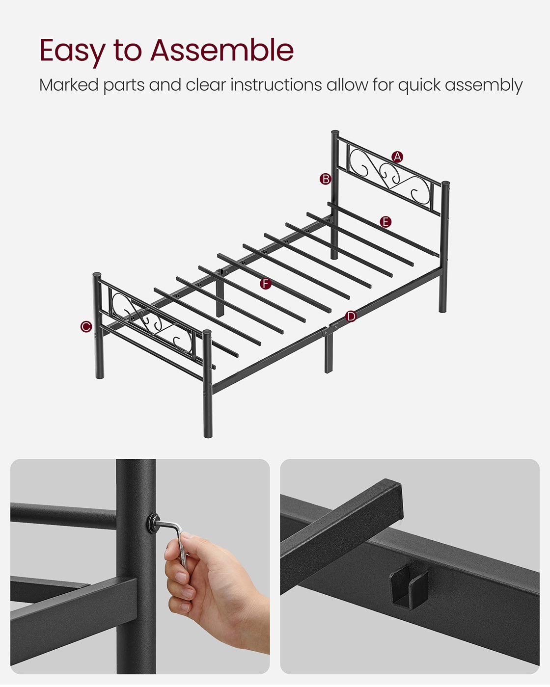 Single Metal Bed Frame – Metal – Black – No Box Spring Needed, Fits 90 x 190 cm Mattress
