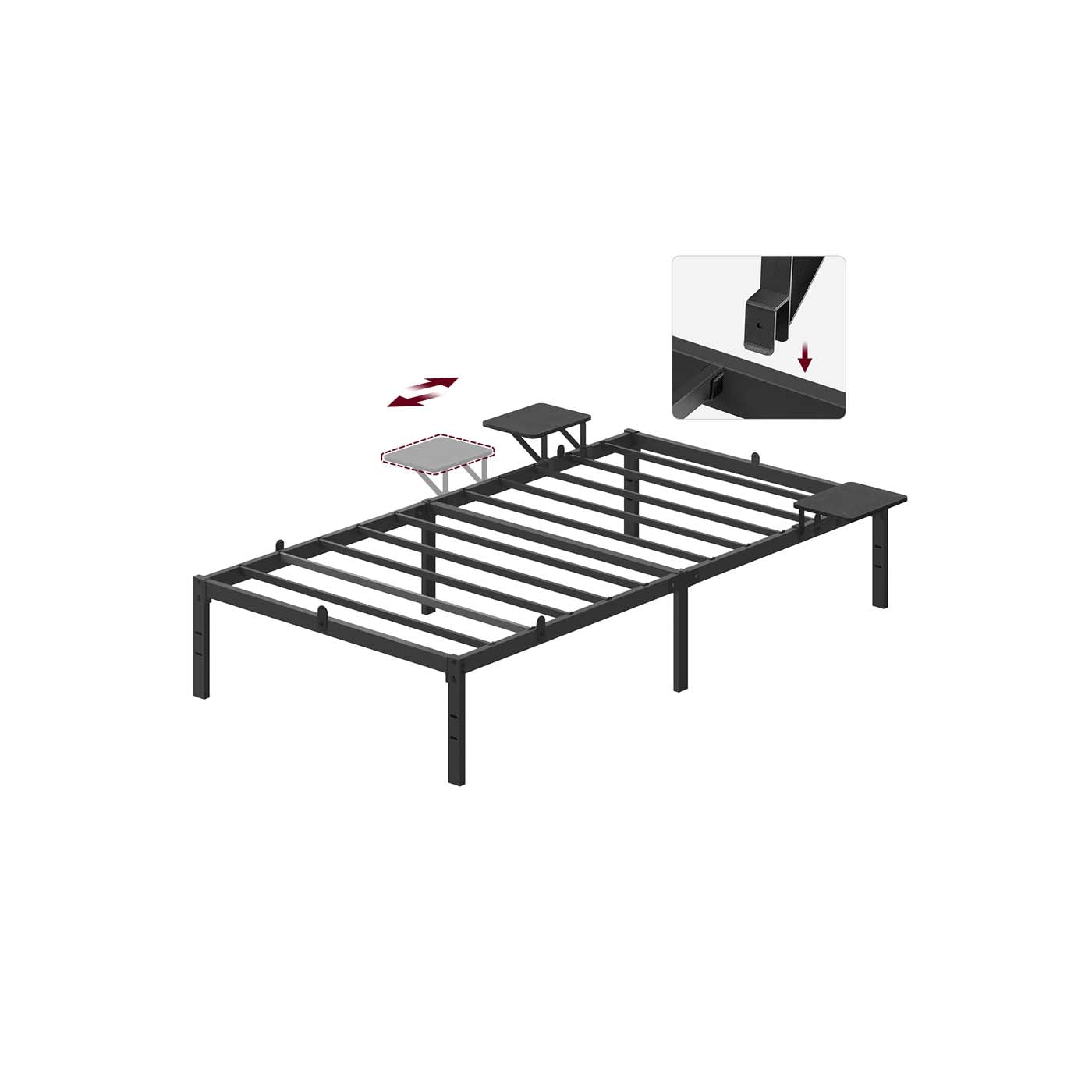 Single Bed Frame – Metal – Ink Black – Features Bedside Shelves, Easy Assembly, Suitable for 90 x 190 cm Mattresses