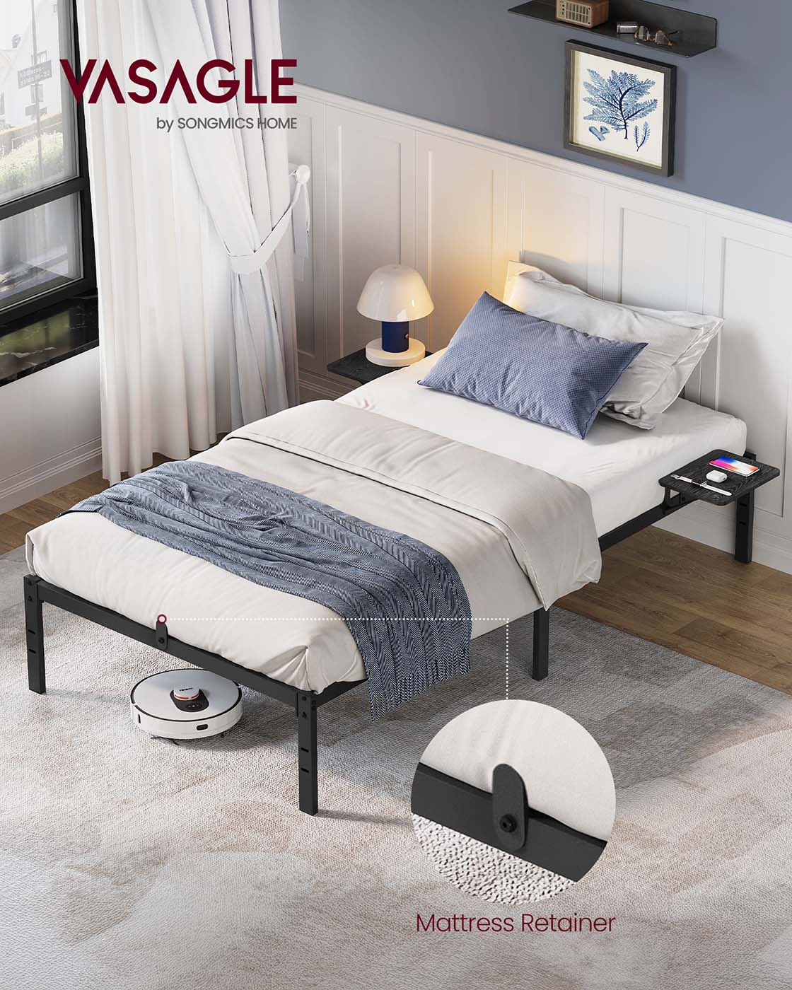 Single Bed Frame – Metal – Ink Black – Features Bedside Shelves, Easy Assembly, Suitable for 90 x 190 cm Mattresses