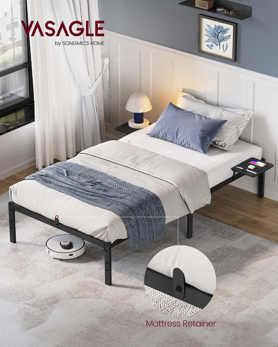 Single Bed Frame – Metal – Ink Black – Features Bedside Shelves, Easy Assembly, Suitable for 90 x 190 cm Mattresses