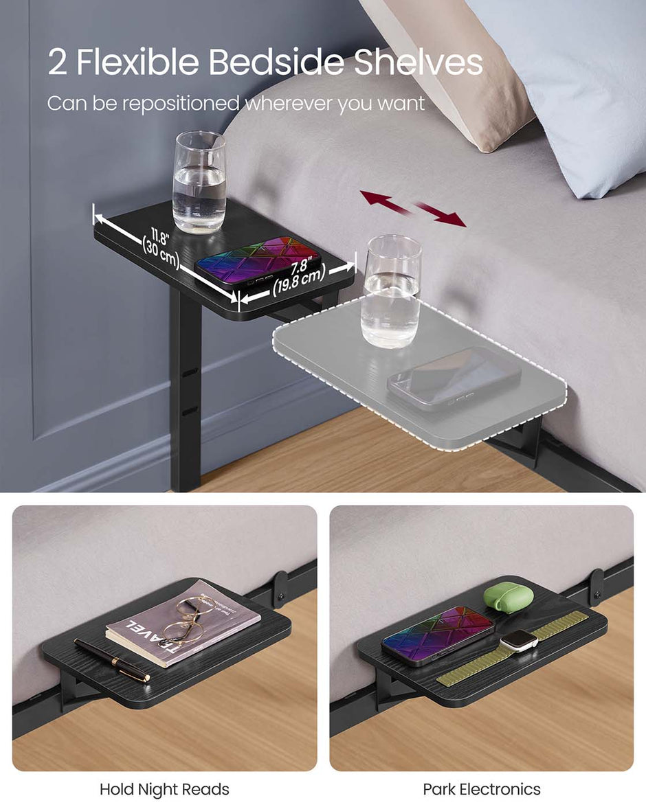 Single Bed Frame – Metal – Ink Black – Features Bedside Shelves, Easy Assembly, Suitable for 90 x 190 cm Mattresses