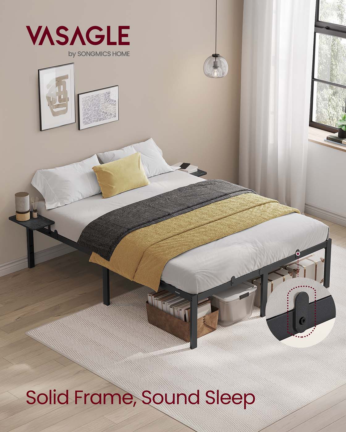 Metal Bed Frame – Matte Black – With Side Shelves – Easy Assembly
