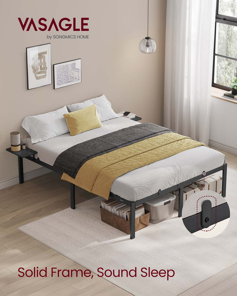 Metal Bed Frame – Matte Black – With Side Shelves – Easy Assembly