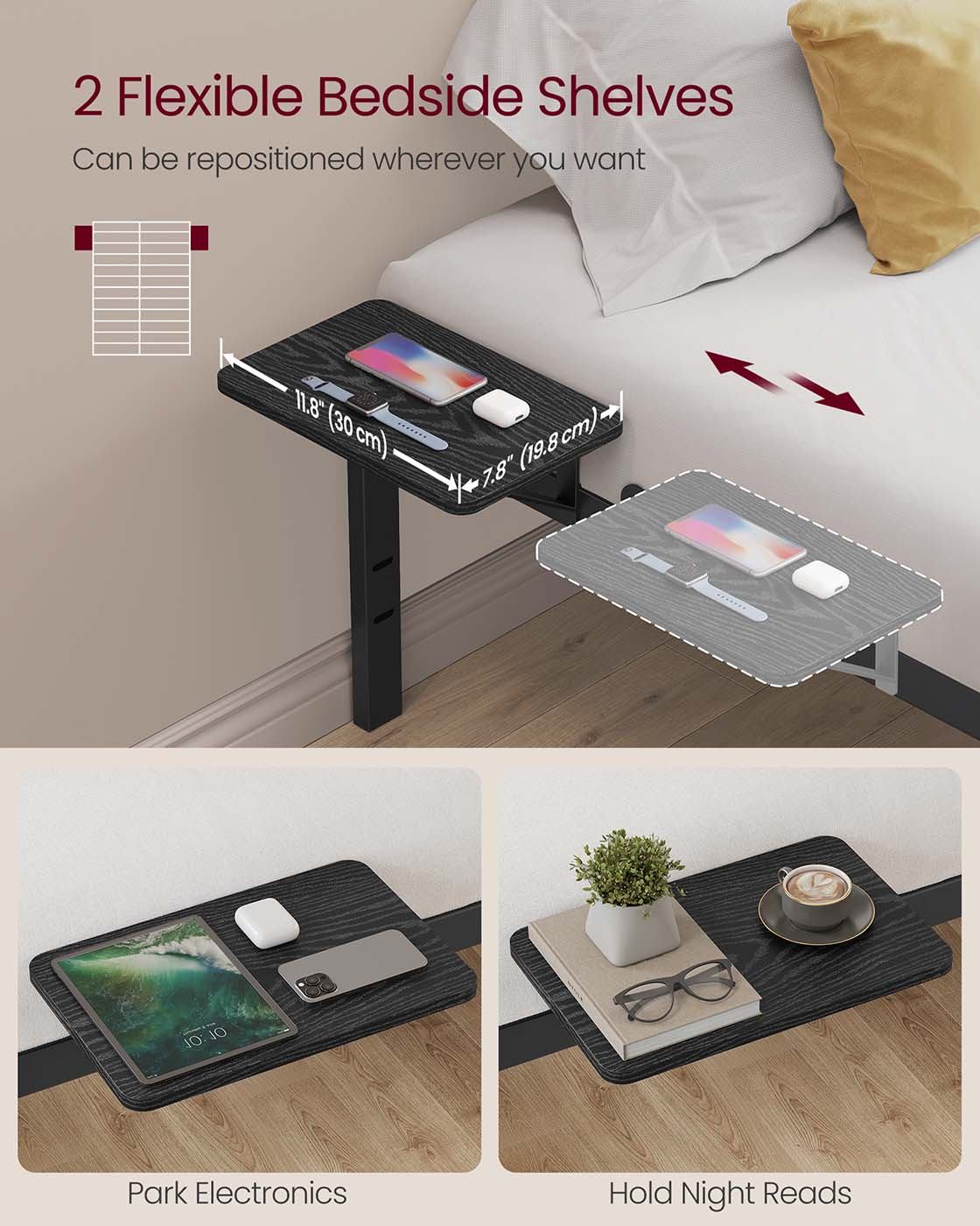Metal Bed Frame – Matte Black – With Side Shelves – Easy Assembly